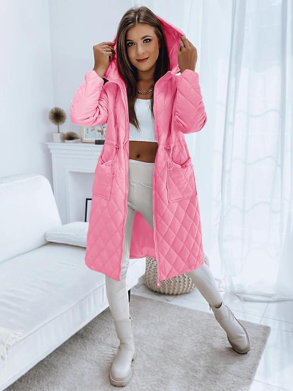 imageImily Bela Womens Long Quilted Jackets Zip Up Hooded Drawstring Waist Coats with PocketsPink