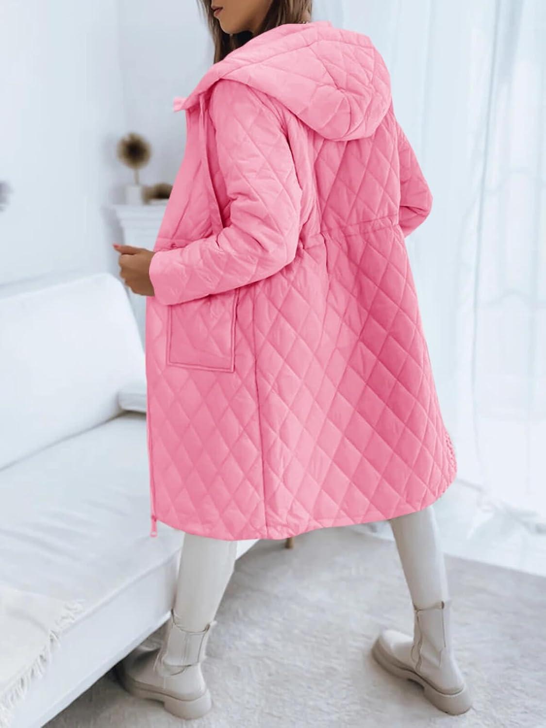 imageImily Bela Womens Long Quilted Jackets Zip Up Hooded Drawstring Waist Coats with PocketsPink