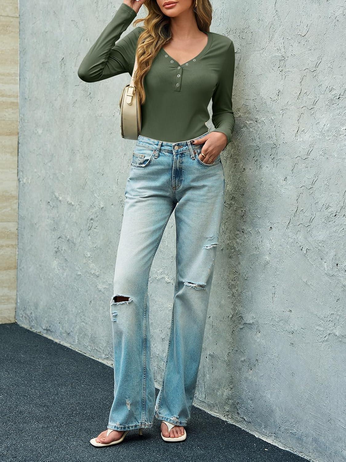 imageImily Bela Womens Long Sleeve Shirts V Neck Slim Fitted Henley Tops 2025 Ribbed Knit Casual Trendy Going Out Crop TopsArmy Green
