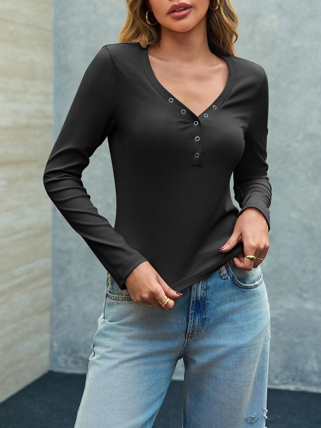 imageImily Bela Womens Long Sleeve Shirts V Neck Slim Fitted Henley Tops 2025 Ribbed Knit Casual Trendy Going Out Crop TopsBlack