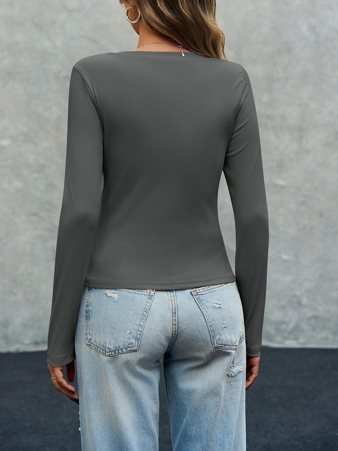 imageImily Bela Womens Long Sleeve Shirts V Neck Slim Fitted Henley Tops 2025 Ribbed Knit Casual Trendy Going Out Crop TopsDark Grey