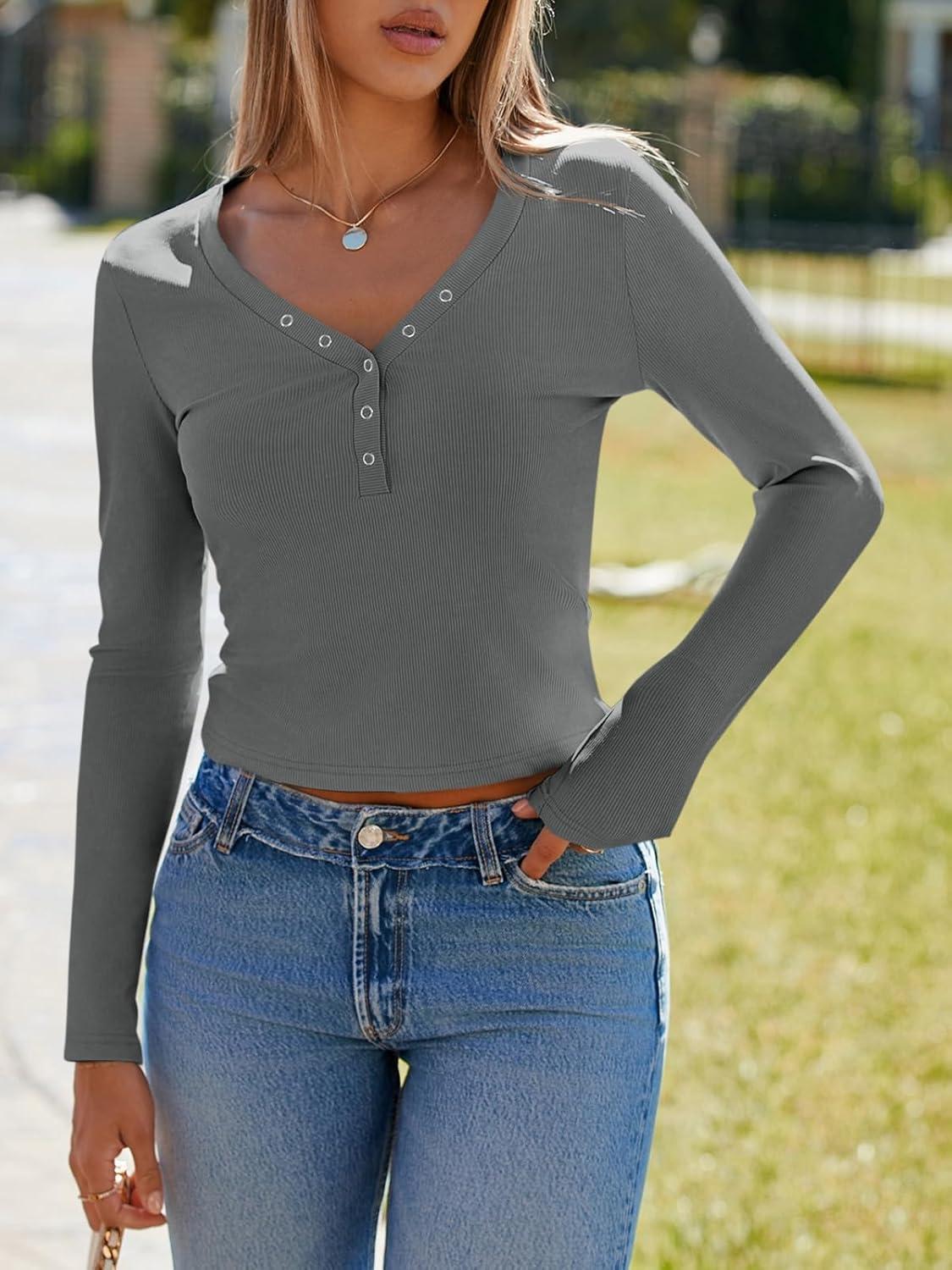 imageImily Bela Womens Long Sleeve Shirts V Neck Slim Fitted Henley Tops 2025 Ribbed Knit Casual Trendy Going Out Crop TopsDark Grey