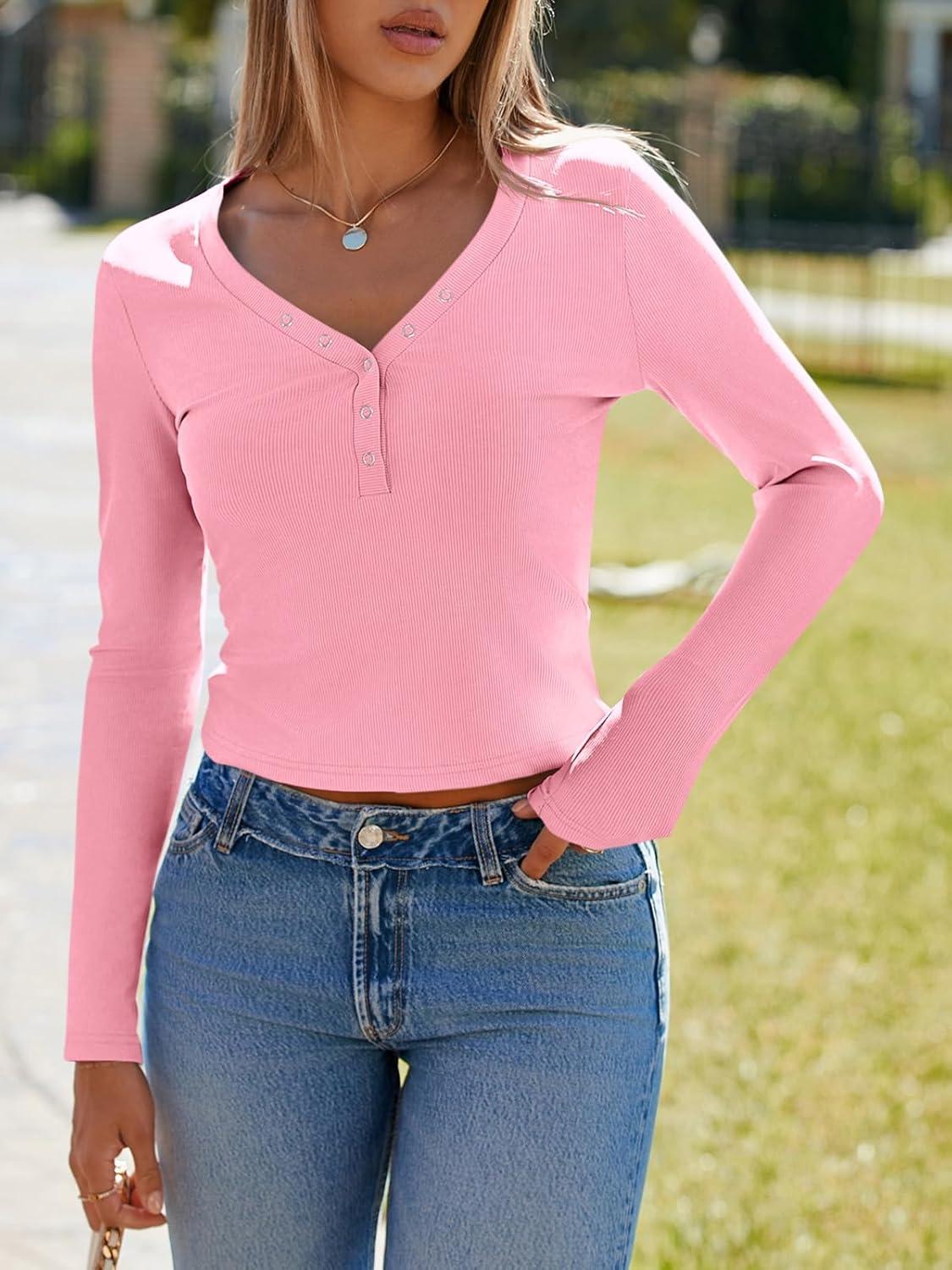 imageImily Bela Womens Long Sleeve Shirts V Neck Slim Fitted Henley Tops 2025 Ribbed Knit Casual Trendy Going Out Crop TopsPink