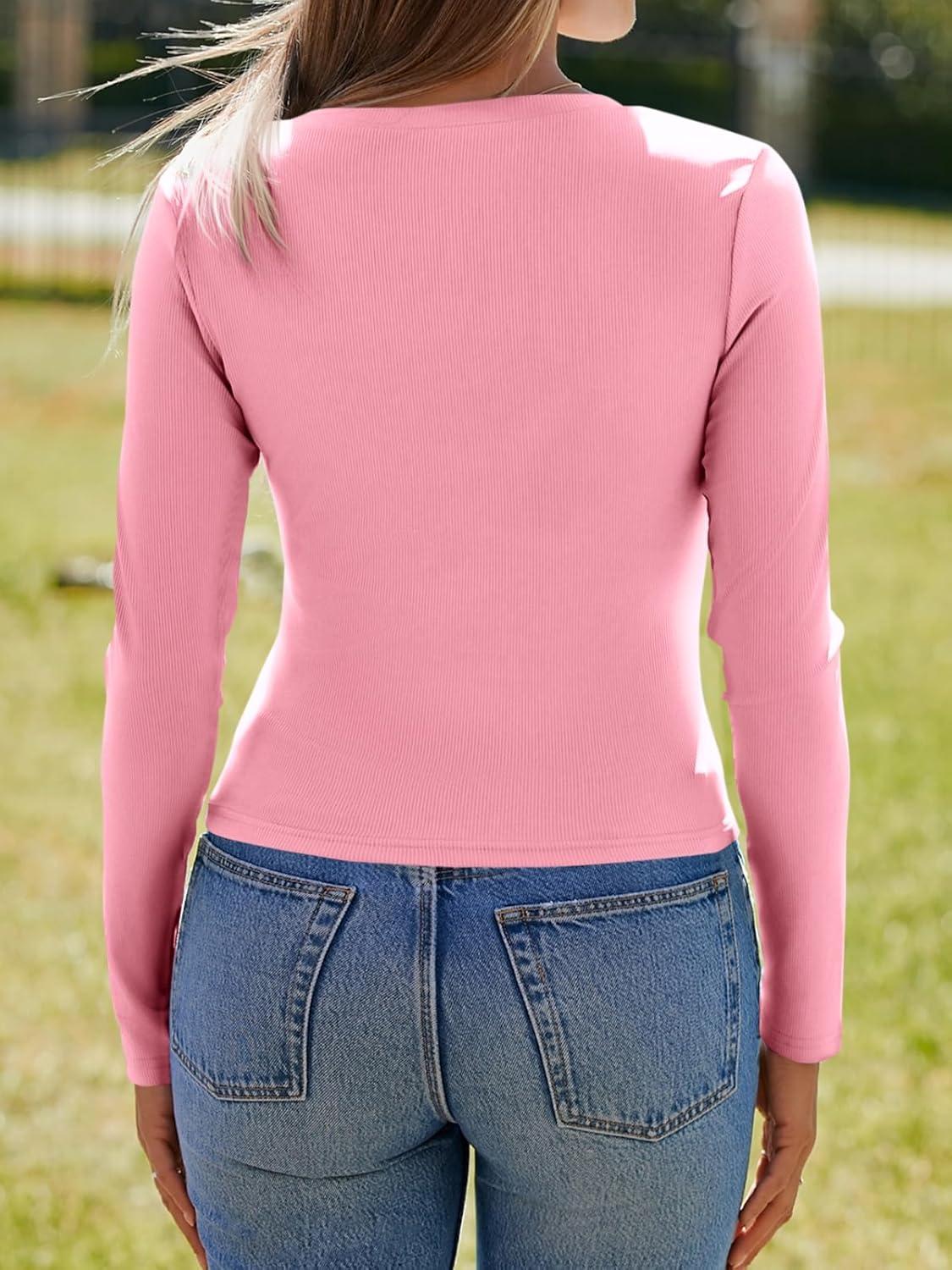 imageImily Bela Womens Long Sleeve Shirts V Neck Slim Fitted Henley Tops 2025 Ribbed Knit Casual Trendy Going Out Crop TopsPink