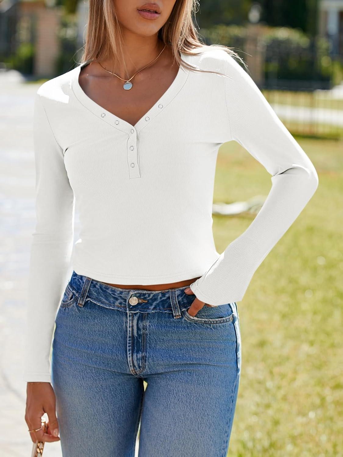 imageImily Bela Womens Long Sleeve Shirts V Neck Slim Fitted Henley Tops 2025 Ribbed Knit Casual Trendy Going Out Crop TopsWhite