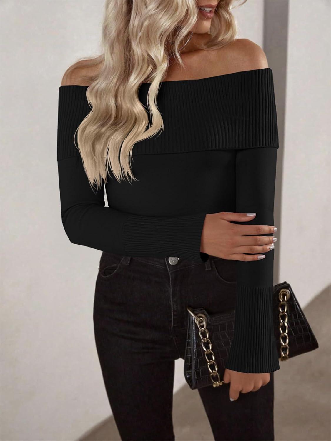 imageImily Bela Womens Off The Shoulder Sweaters Casual Long Sleeve Ribbed Knit Slim Fit Y2K Going Out Pullover TopsBlack