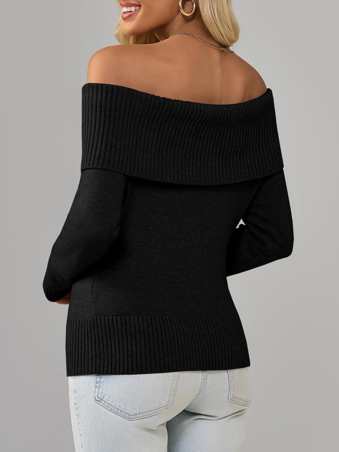 imageImily Bela Womens Off The Shoulder Sweaters Casual Long Sleeve Ribbed Knit Slim Fit Y2K Going Out Pullover TopsBlack