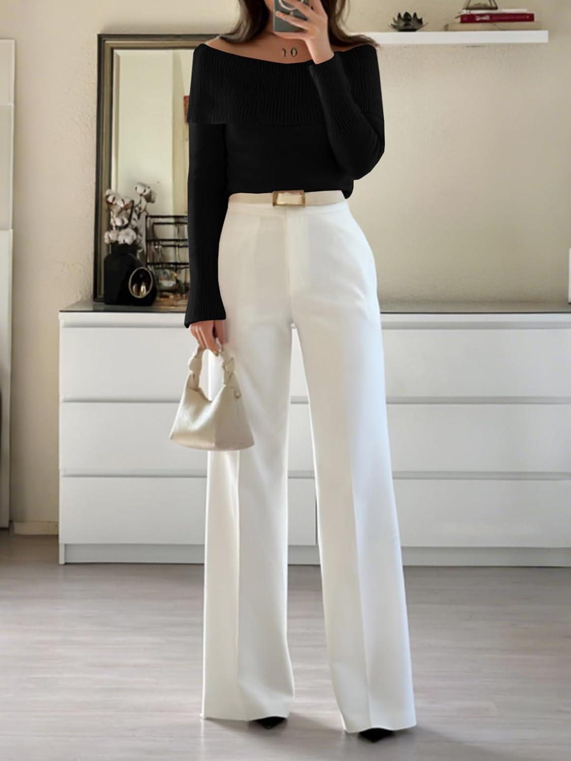 imageImily Bela Womens Off The Shoulder Sweaters Casual Long Sleeve Ribbed Knit Slim Fit Y2K Going Out Pullover TopsBlack