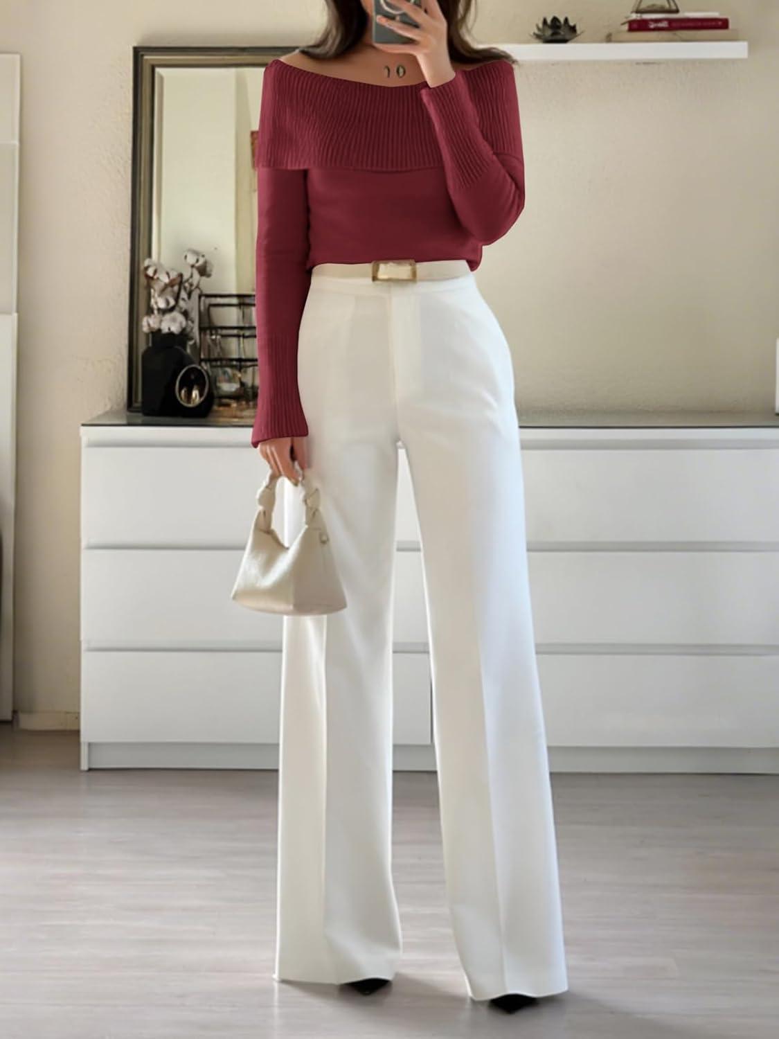 imageImily Bela Womens Off The Shoulder Sweaters Casual Long Sleeve Ribbed Knit Slim Fit Y2K Going Out Pullover TopsBurgundy