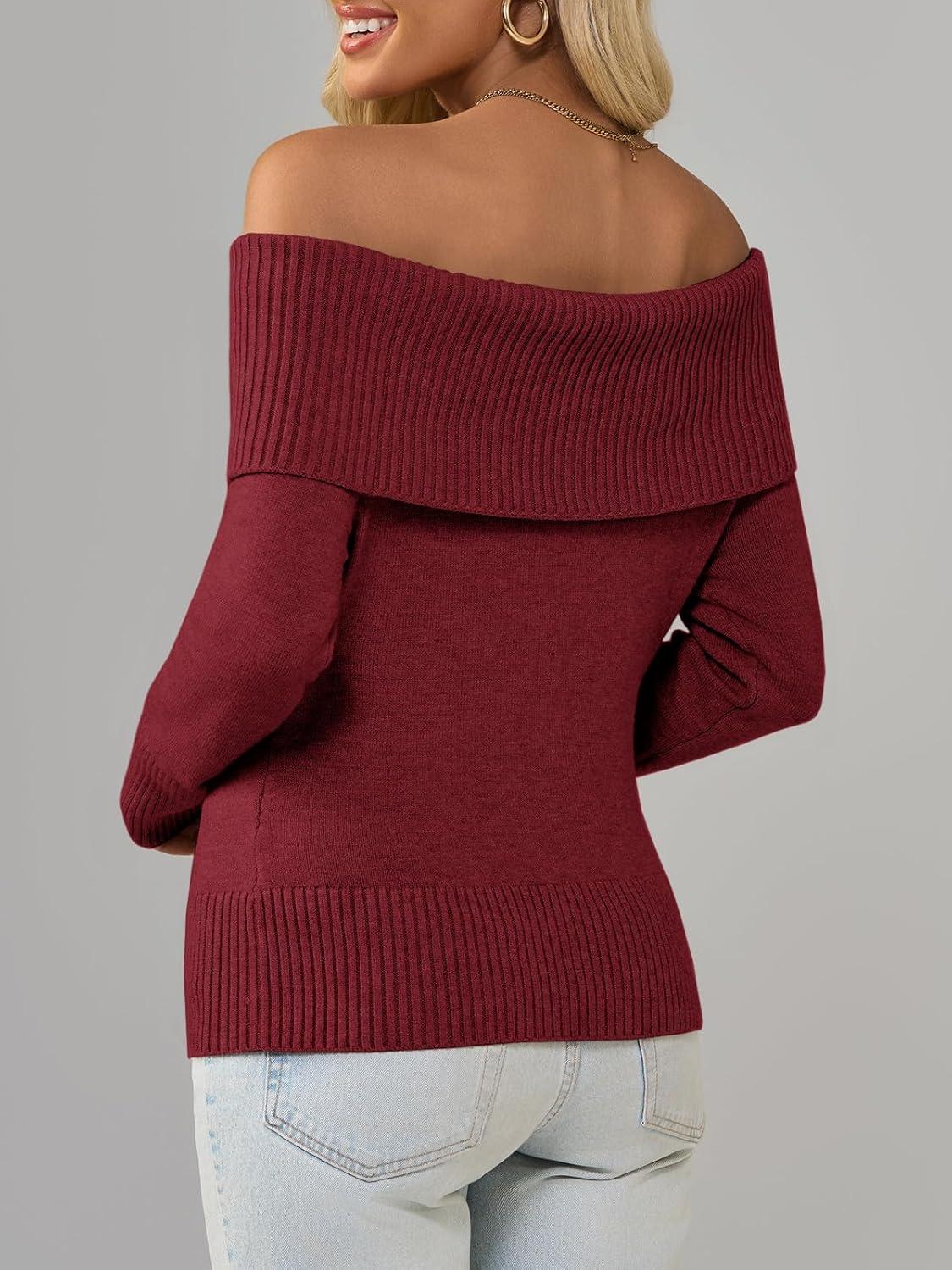 imageImily Bela Womens Off The Shoulder Sweaters Casual Long Sleeve Ribbed Knit Slim Fit Y2K Going Out Pullover TopsBurgundy