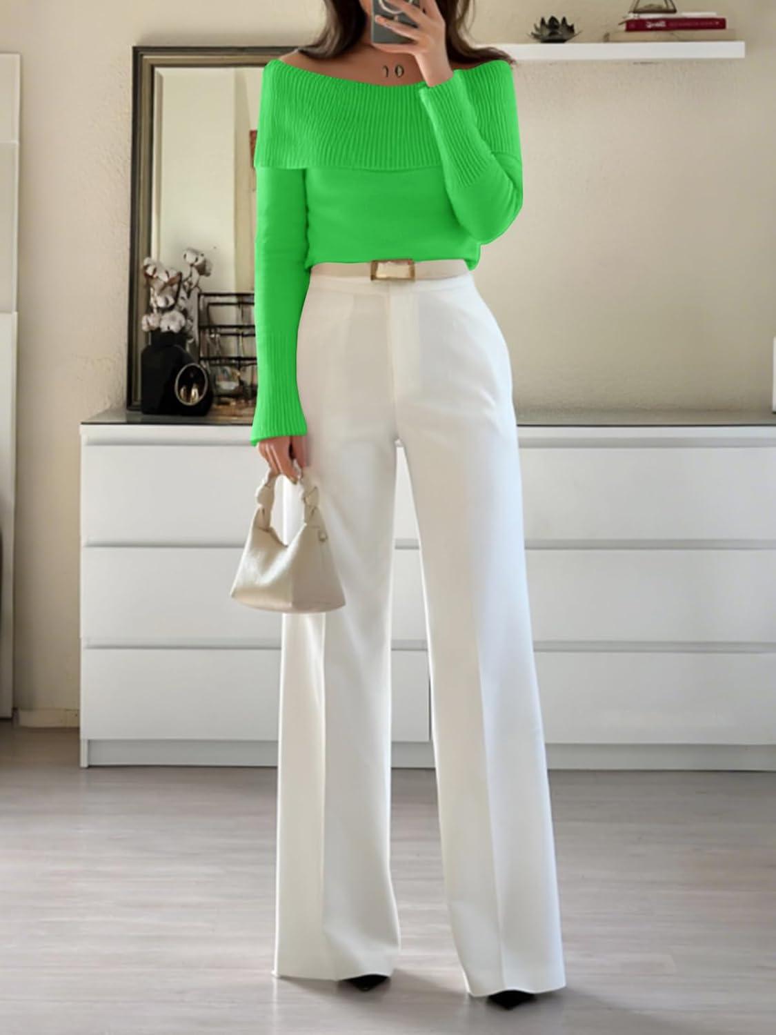 imageImily Bela Womens Off The Shoulder Sweaters Casual Long Sleeve Ribbed Knit Slim Fit Y2K Going Out Pullover TopsGreen