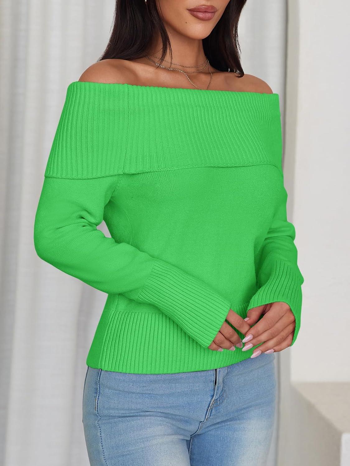 imageImily Bela Womens Off The Shoulder Sweaters Casual Long Sleeve Ribbed Knit Slim Fit Y2K Going Out Pullover TopsGreen