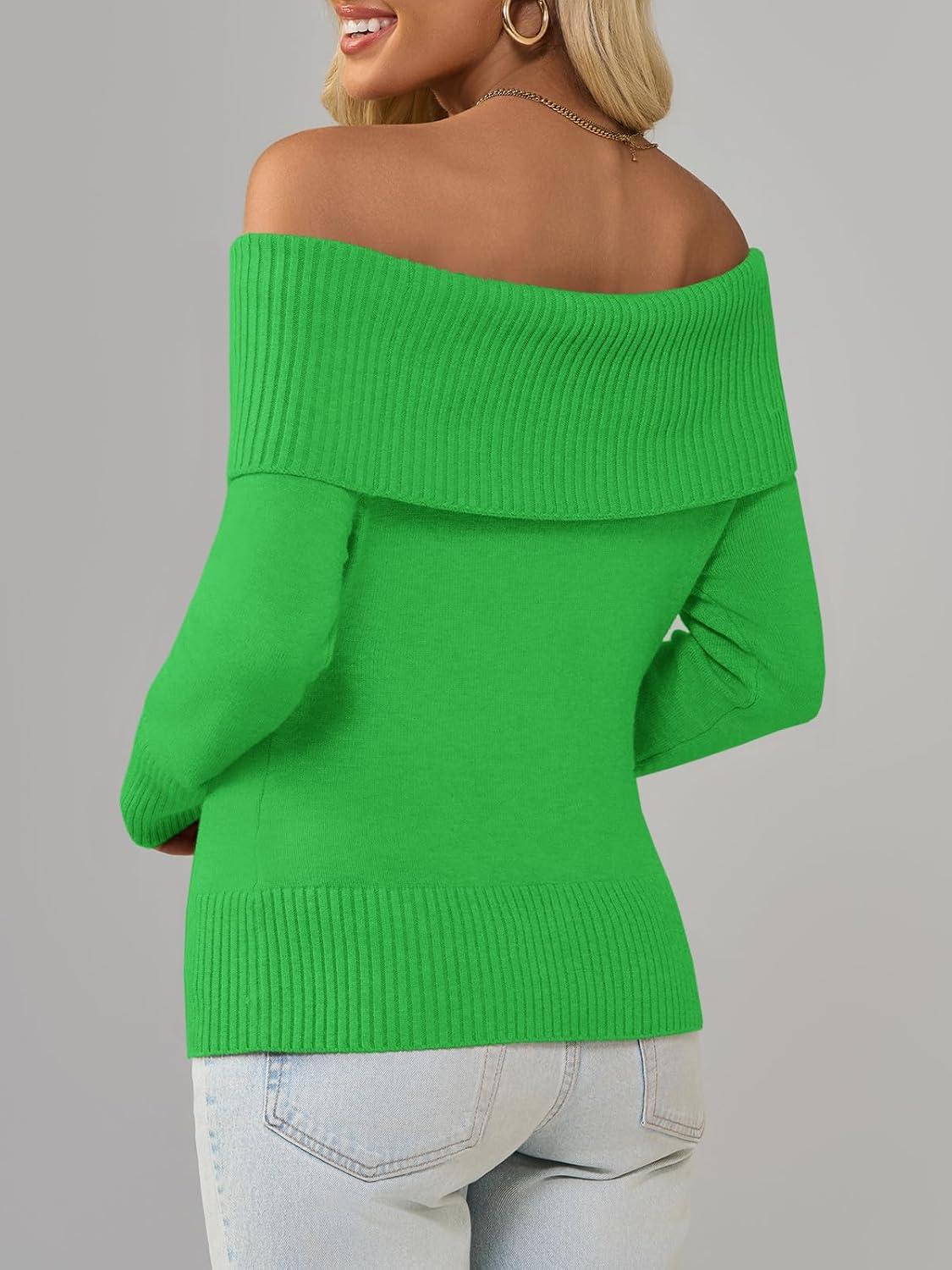 imageImily Bela Womens Off The Shoulder Sweaters Casual Long Sleeve Ribbed Knit Slim Fit Y2K Going Out Pullover TopsGreen