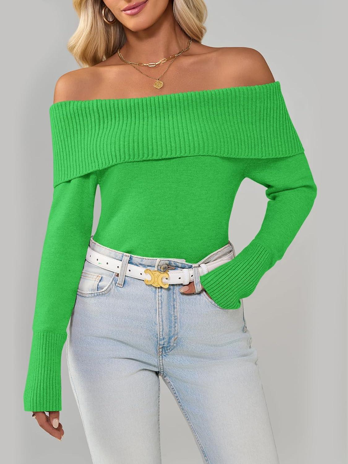 imageImily Bela Womens Off The Shoulder Sweaters Casual Long Sleeve Ribbed Knit Slim Fit Y2K Going Out Pullover TopsGreen