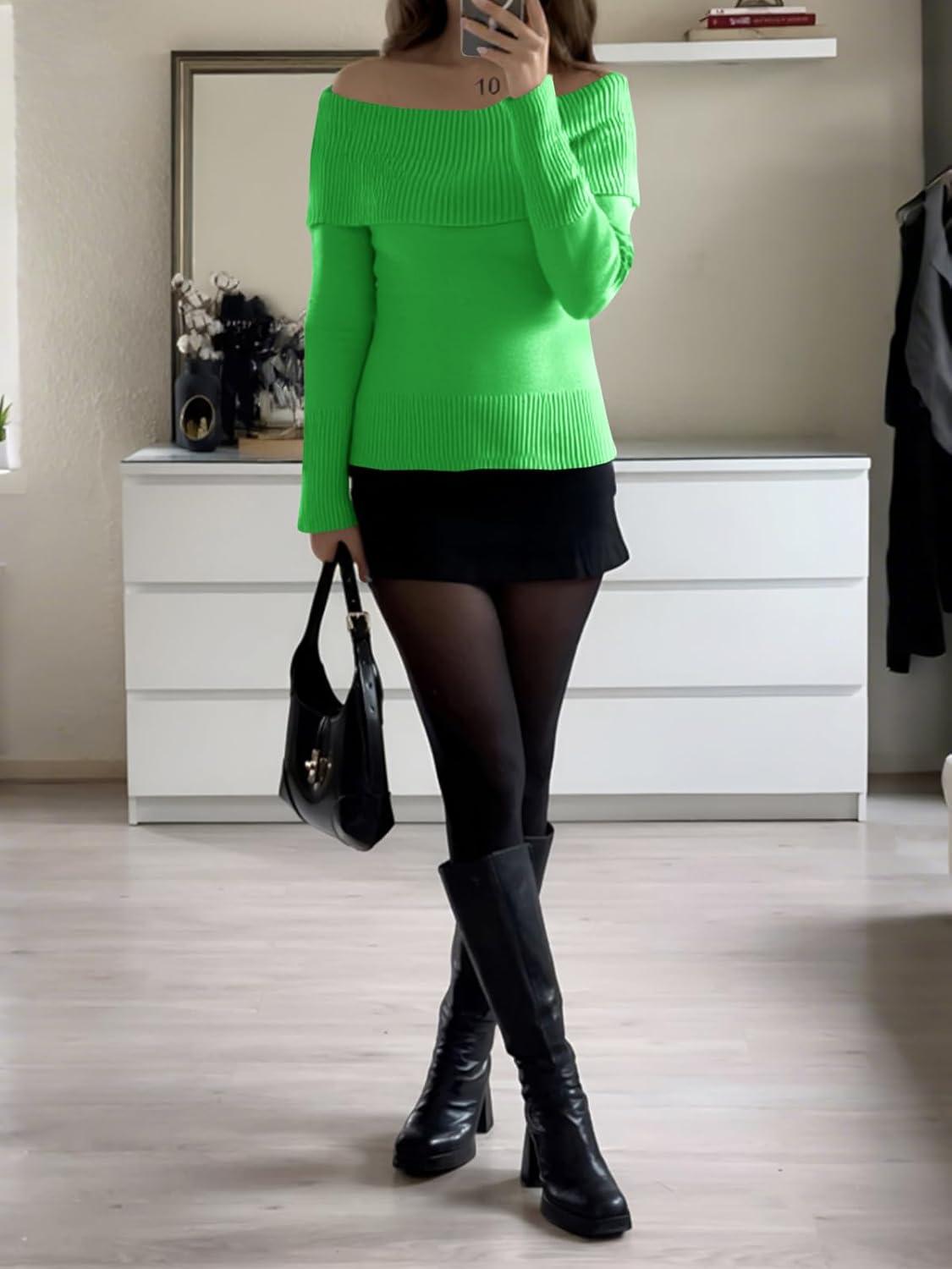 imageImily Bela Womens Off The Shoulder Sweaters Casual Long Sleeve Ribbed Knit Slim Fit Y2K Going Out Pullover TopsGreen