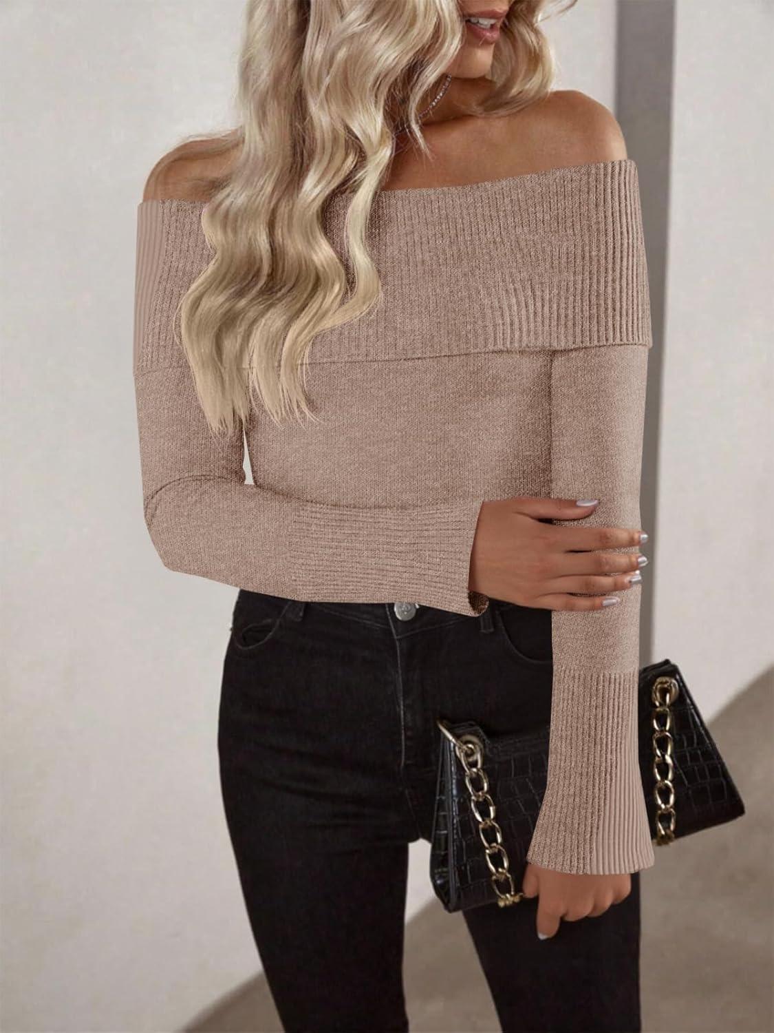 imageImily Bela Womens Off The Shoulder Sweaters Casual Long Sleeve Ribbed Knit Slim Fit Y2K Going Out Pullover TopsKhaki