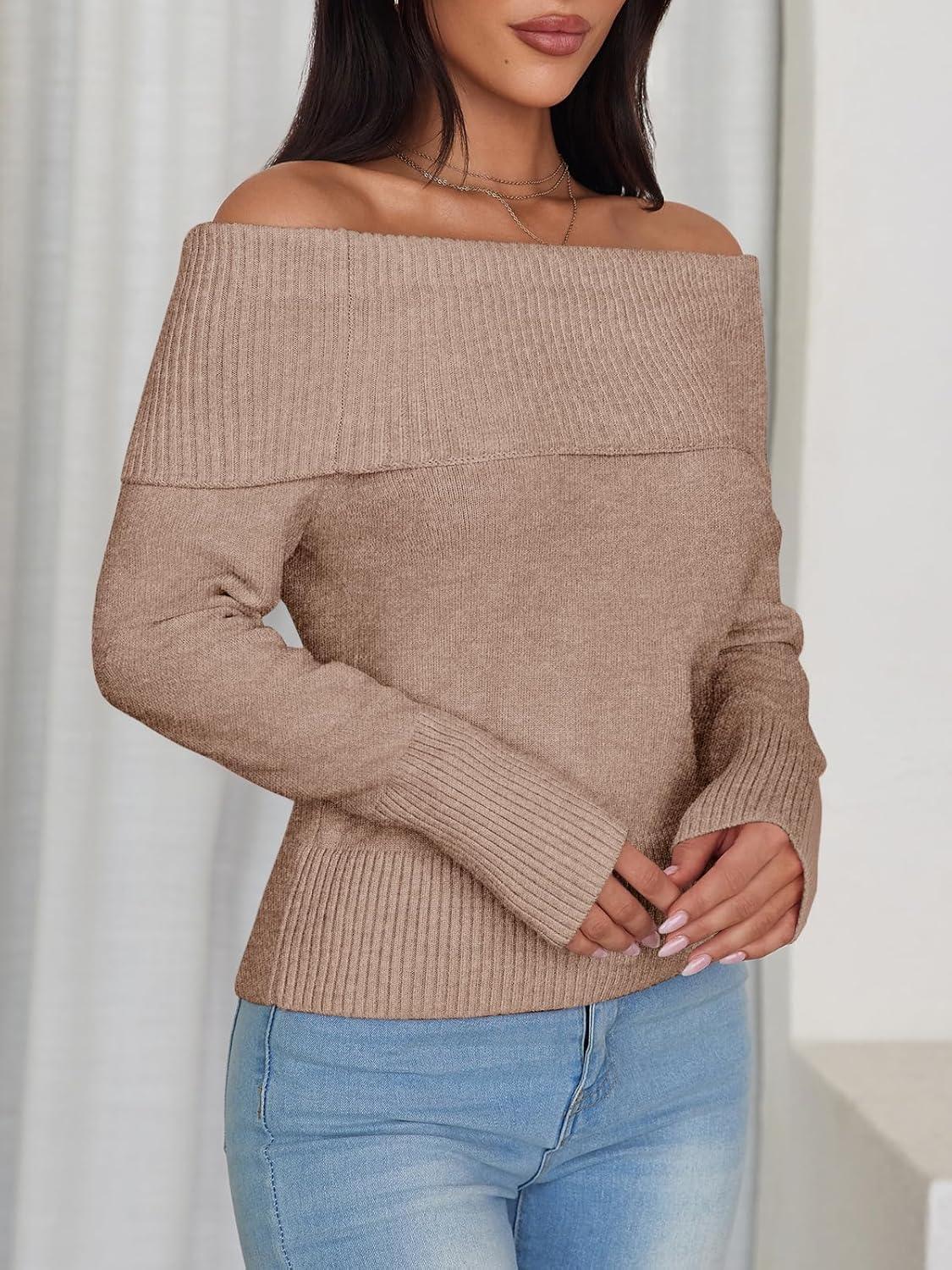 imageImily Bela Womens Off The Shoulder Sweaters Casual Long Sleeve Ribbed Knit Slim Fit Y2K Going Out Pullover TopsKhaki