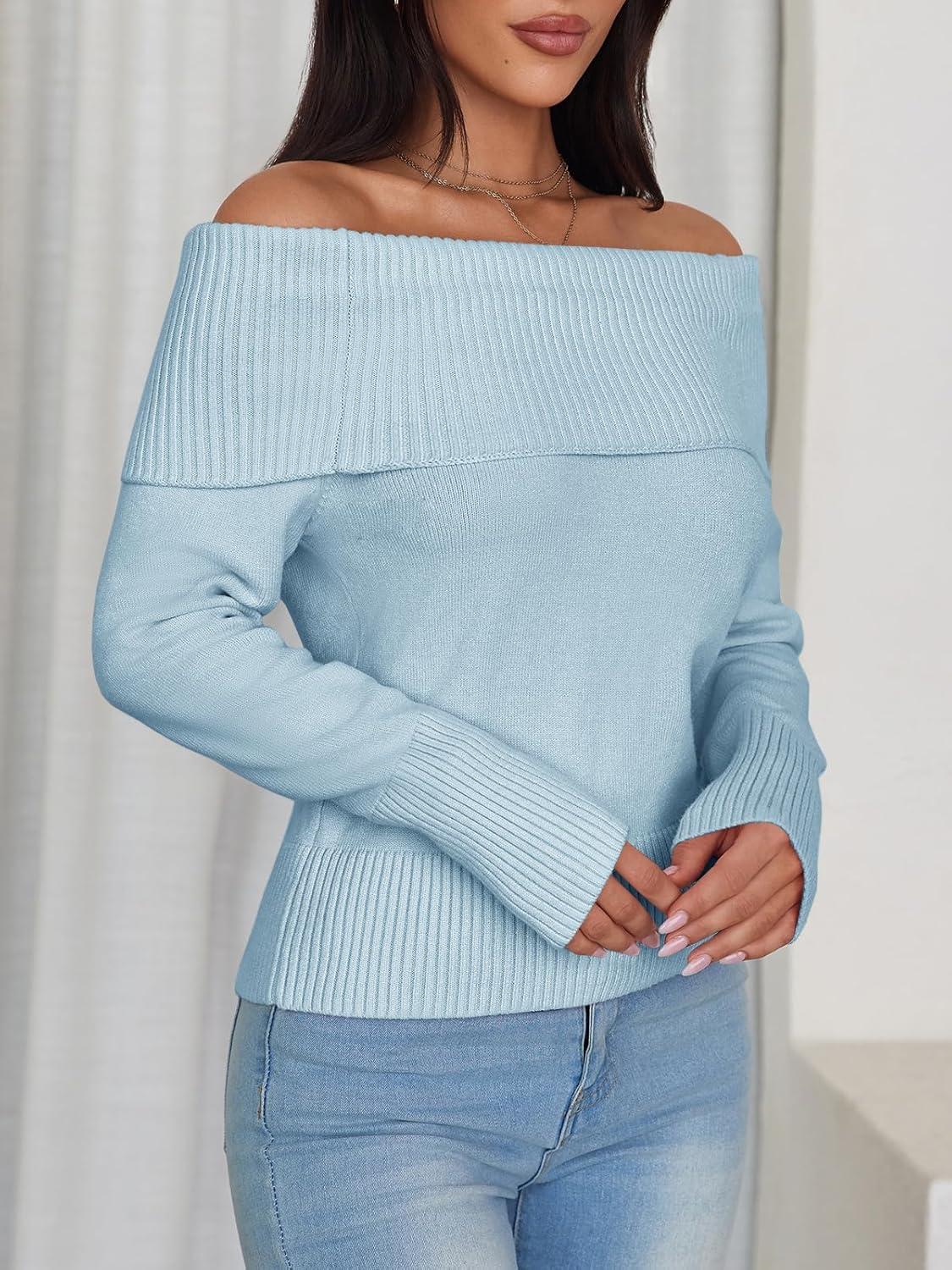 imageImily Bela Womens Off The Shoulder Sweaters Casual Long Sleeve Ribbed Knit Slim Fit Y2K Going Out Pullover TopsLight Blue
