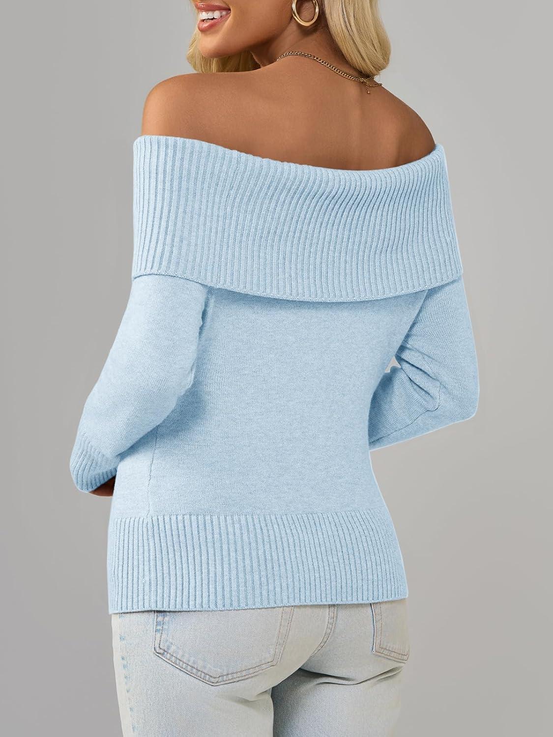 imageImily Bela Womens Off The Shoulder Sweaters Casual Long Sleeve Ribbed Knit Slim Fit Y2K Going Out Pullover TopsLight Blue