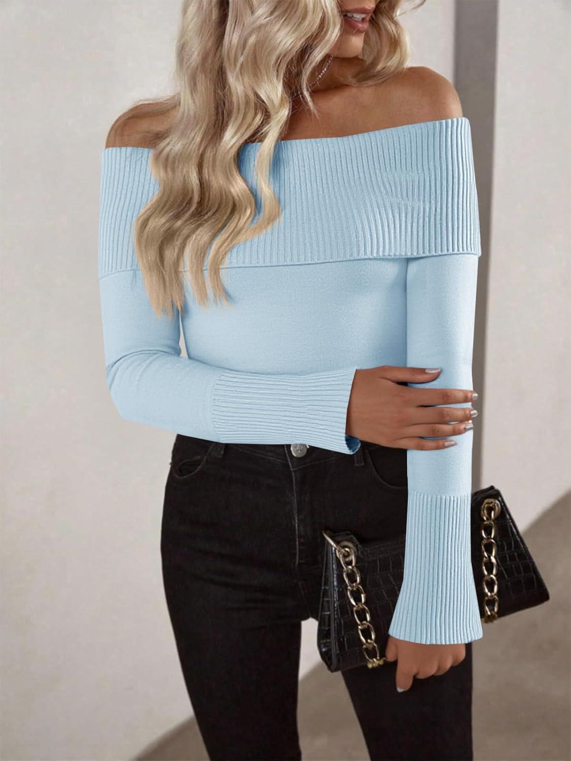 imageImily Bela Womens Off The Shoulder Sweaters Casual Long Sleeve Ribbed Knit Slim Fit Y2K Going Out Pullover TopsLight Blue
