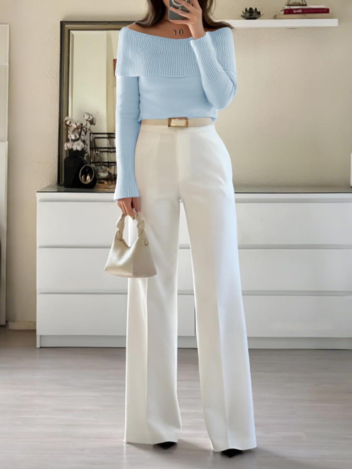 imageImily Bela Womens Off The Shoulder Sweaters Casual Long Sleeve Ribbed Knit Slim Fit Y2K Going Out Pullover TopsLight Blue
