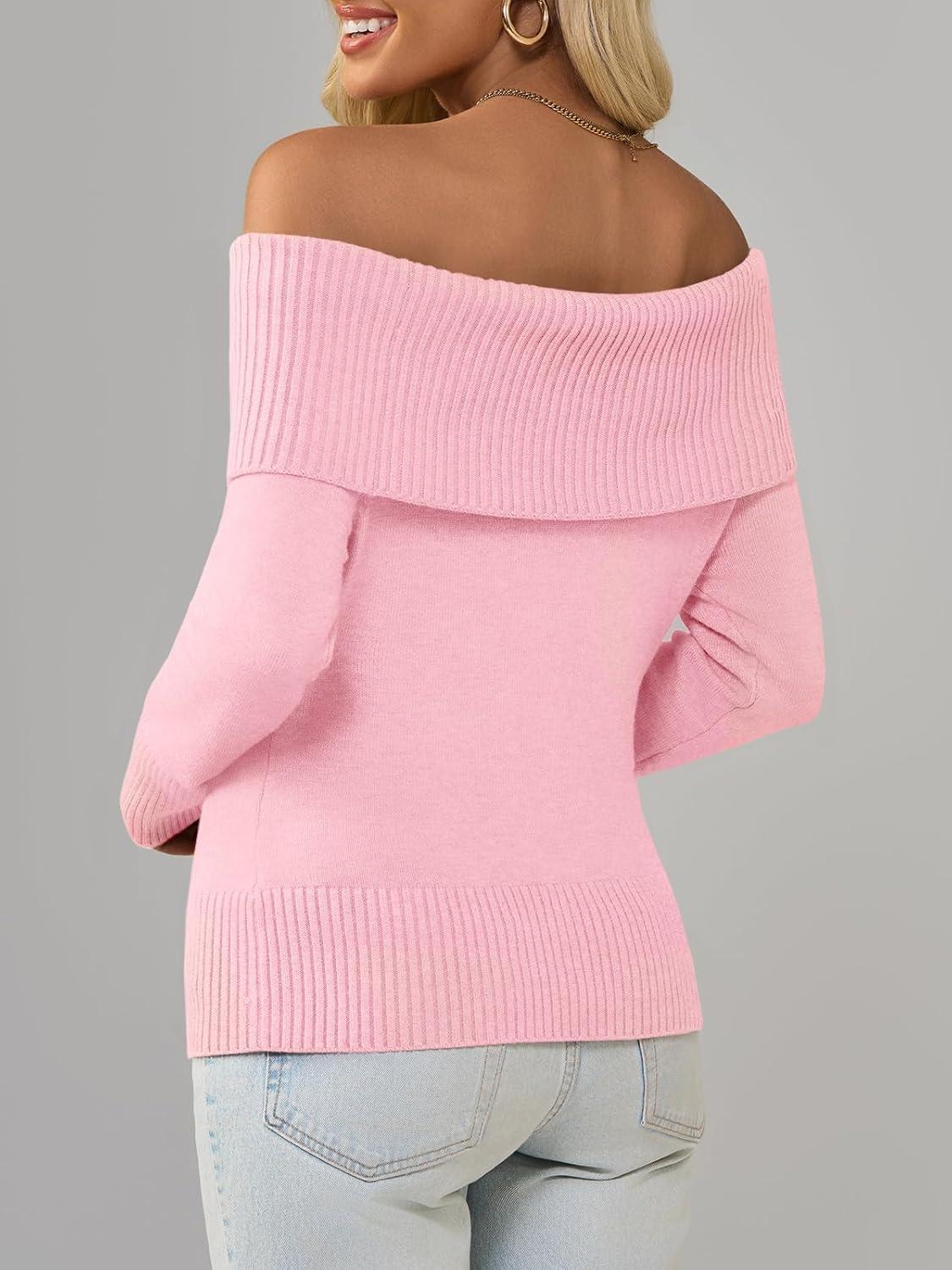 imageImily Bela Womens Off The Shoulder Sweaters Casual Long Sleeve Ribbed Knit Slim Fit Y2K Going Out Pullover TopsPink