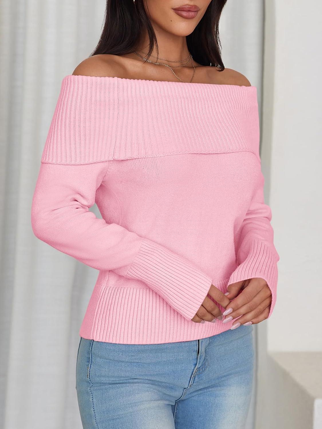 imageImily Bela Womens Off The Shoulder Sweaters Casual Long Sleeve Ribbed Knit Slim Fit Y2K Going Out Pullover TopsPink