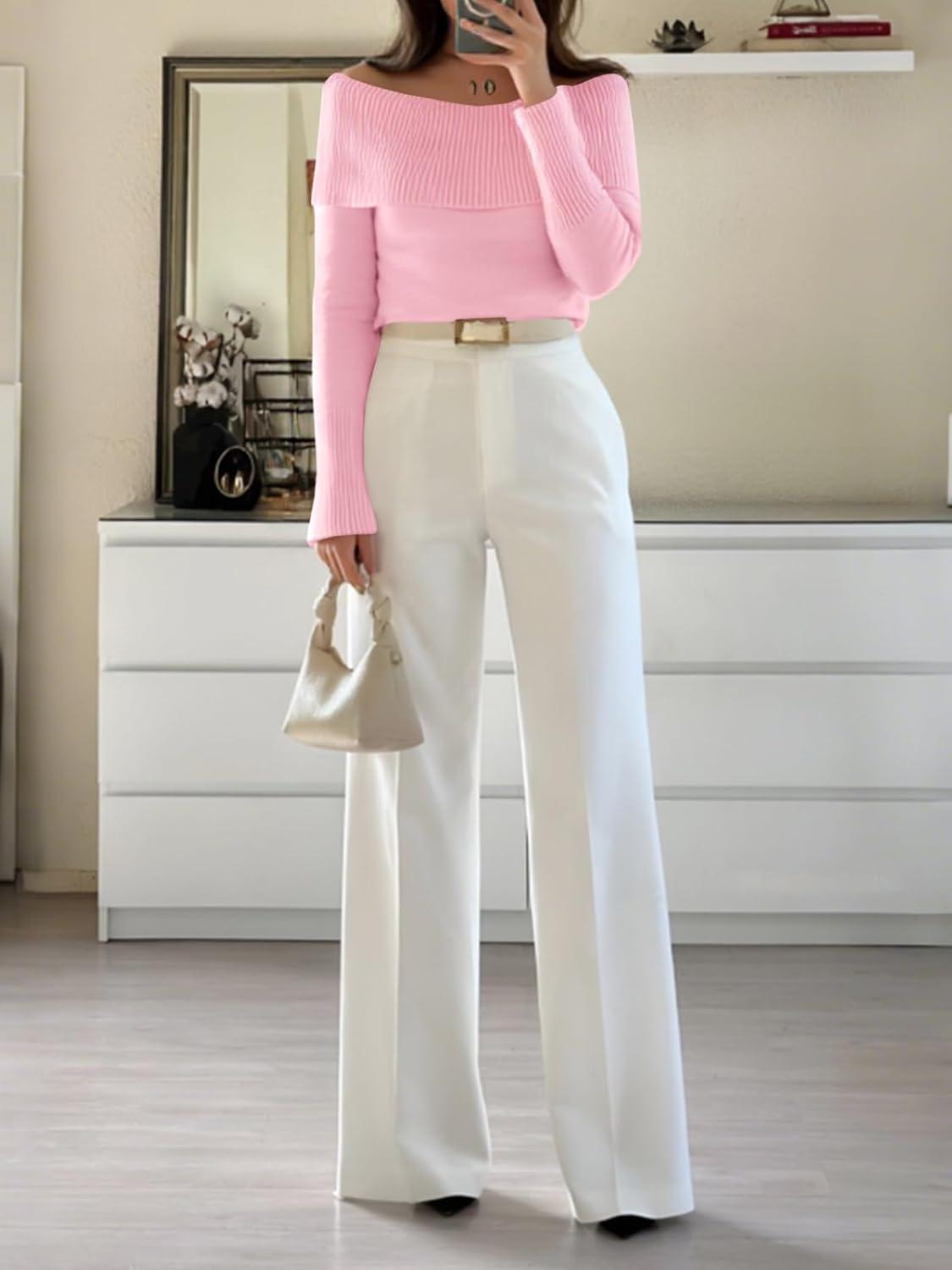 imageImily Bela Womens Off The Shoulder Sweaters Casual Long Sleeve Ribbed Knit Slim Fit Y2K Going Out Pullover TopsPink