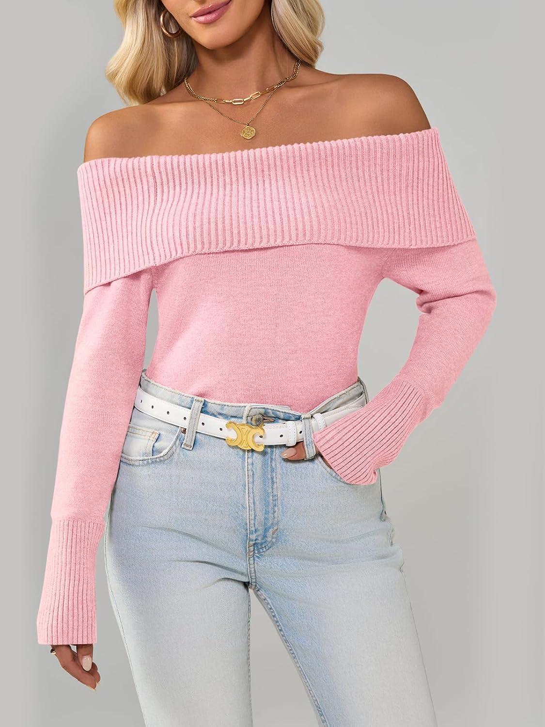 imageImily Bela Womens Off The Shoulder Sweaters Casual Long Sleeve Ribbed Knit Slim Fit Y2K Going Out Pullover TopsPink