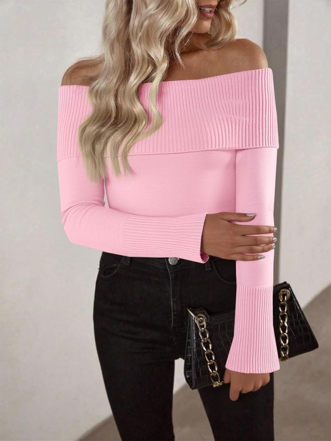 imageImily Bela Womens Off The Shoulder Sweaters Casual Long Sleeve Ribbed Knit Slim Fit Y2K Going Out Pullover TopsPink