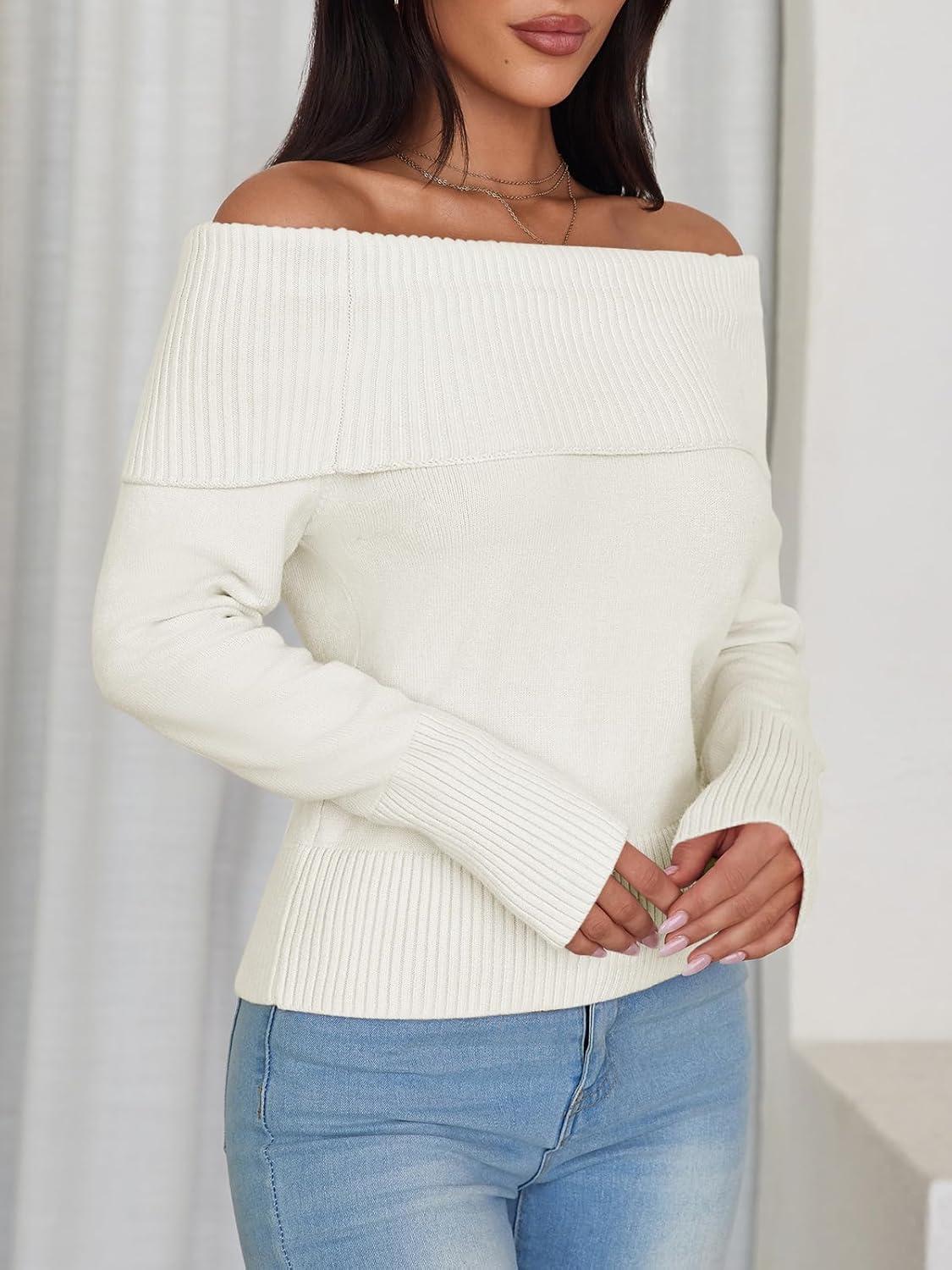 imageImily Bela Womens Off The Shoulder Sweaters Casual Long Sleeve Ribbed Knit Slim Fit Y2K Going Out Pullover TopsWhite