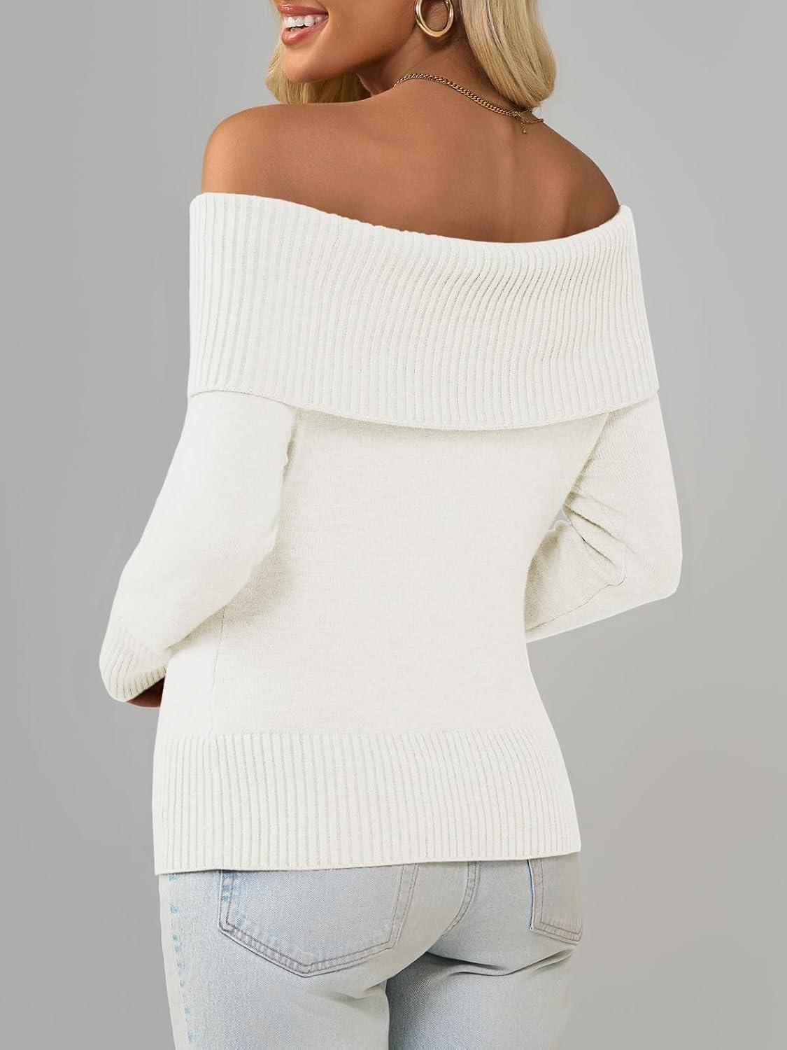 imageImily Bela Womens Off The Shoulder Sweaters Casual Long Sleeve Ribbed Knit Slim Fit Y2K Going Out Pullover TopsWhite