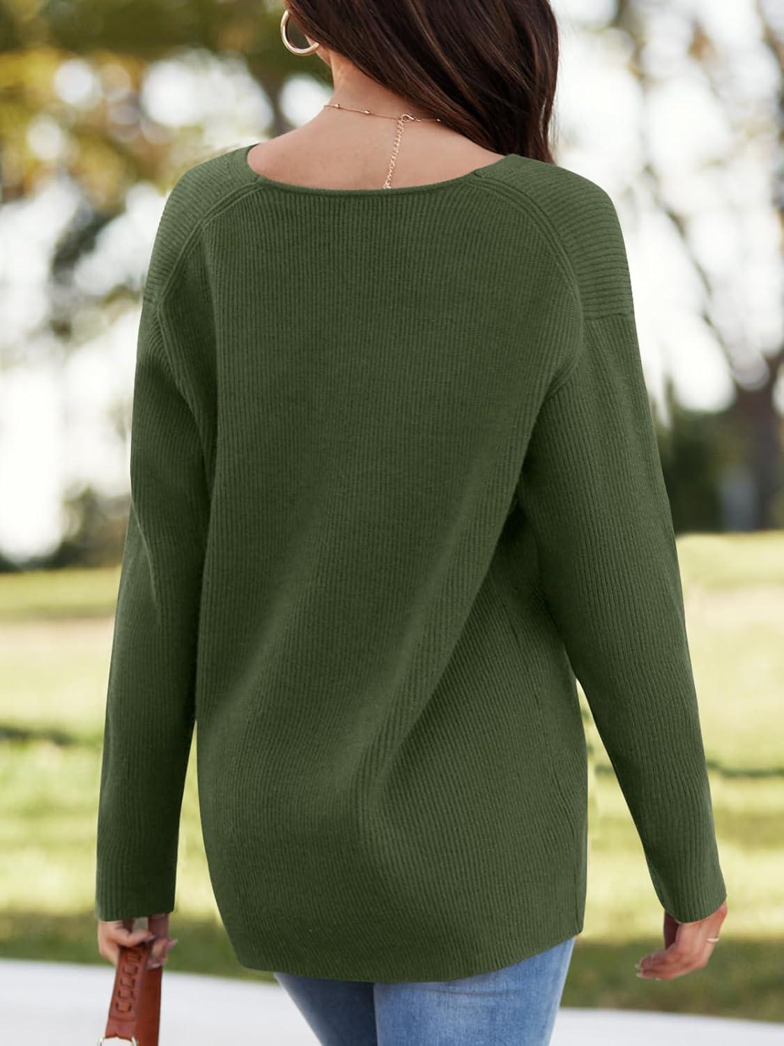 imageImily Bela Womens Oversized Deep V Neck Sweaters Sexy Long Sleeve Tunic Sweater Knitted Dressy Pullover JumperArmy Green