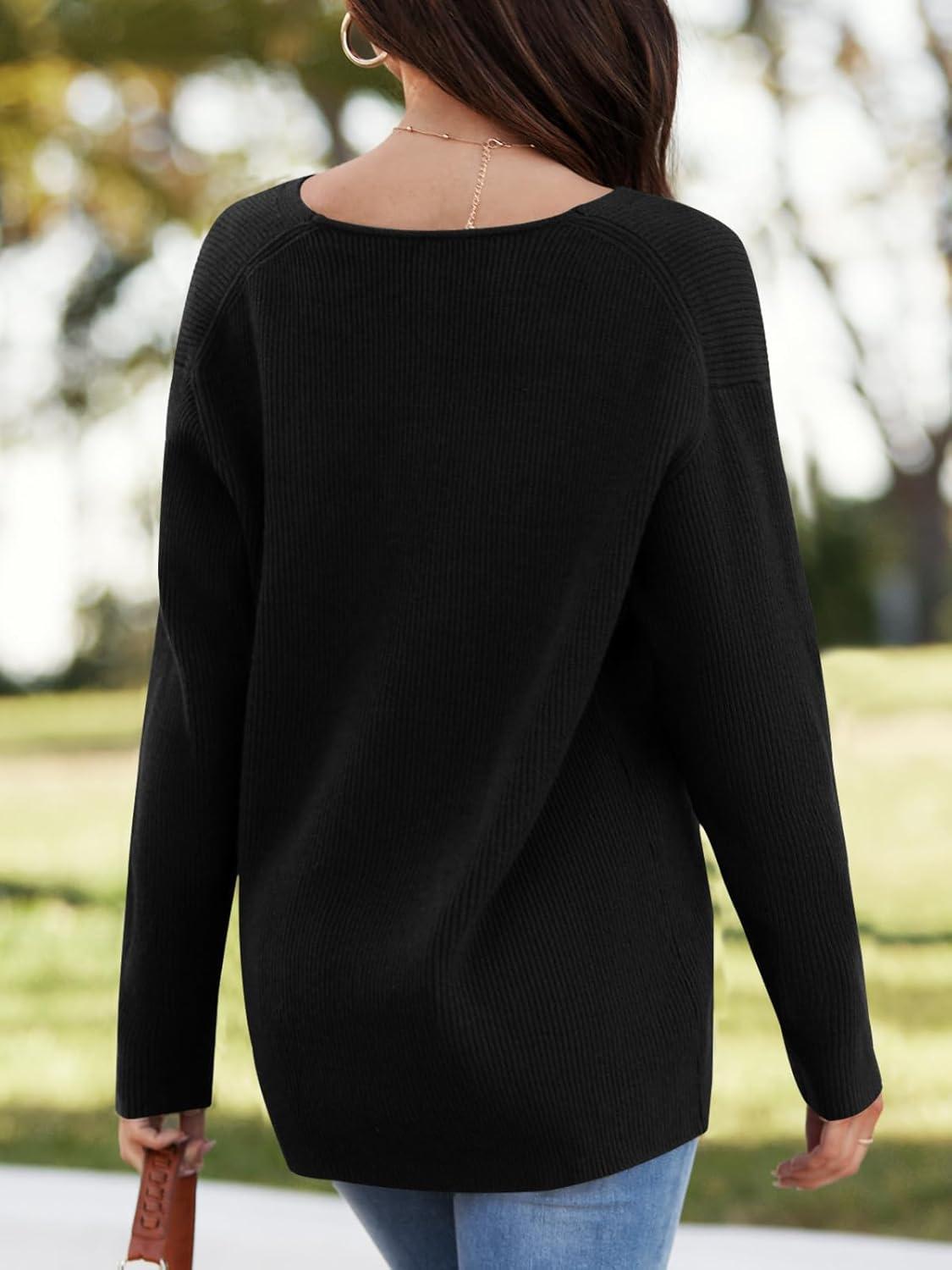imageImily Bela Womens Oversized Deep V Neck Sweaters Sexy Long Sleeve Tunic Sweater Knitted Dressy Pullover JumperBlack