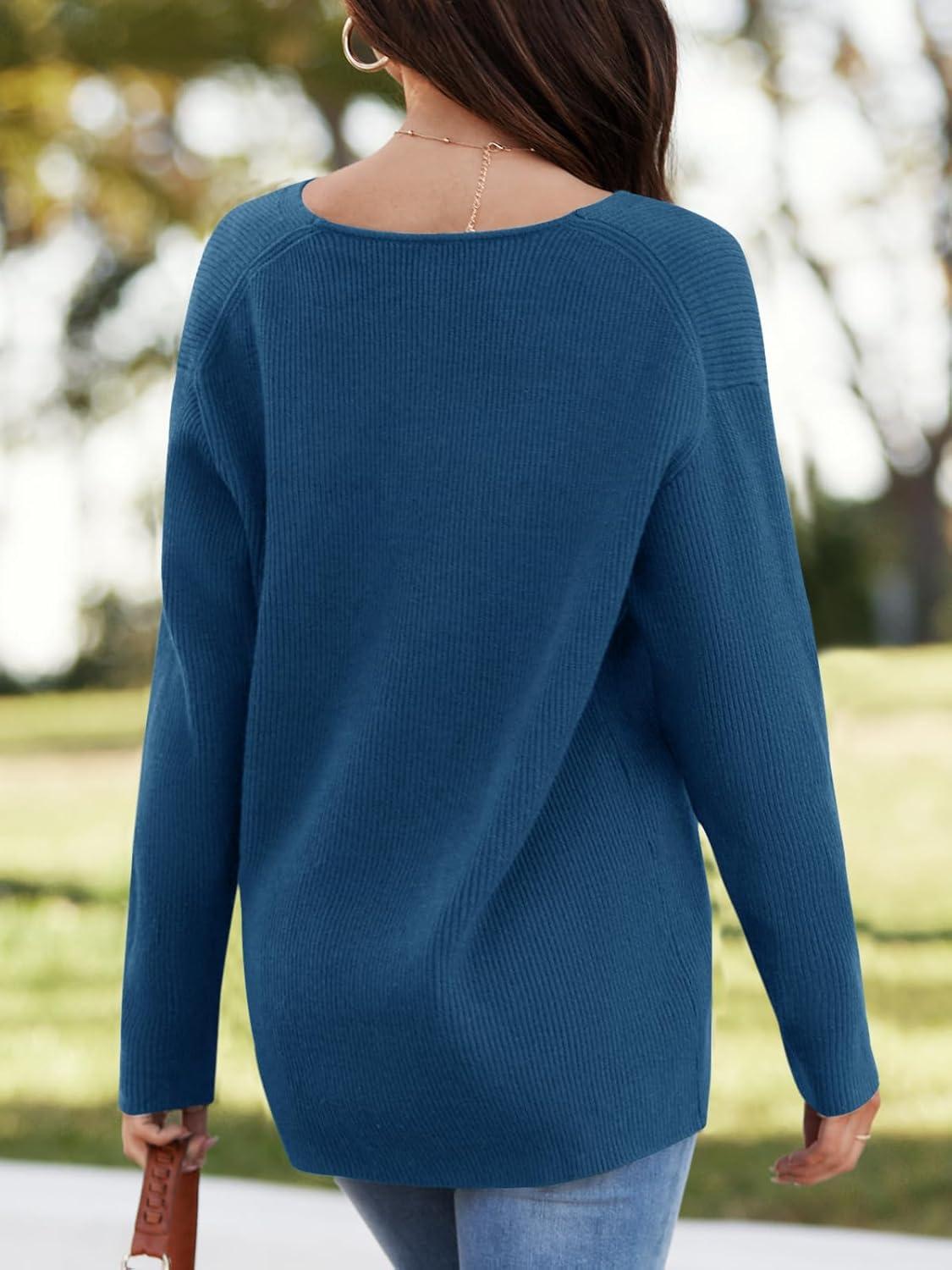 imageImily Bela Womens Oversized Deep V Neck Sweaters Sexy Long Sleeve Tunic Sweater Knitted Dressy Pullover JumperBlue
