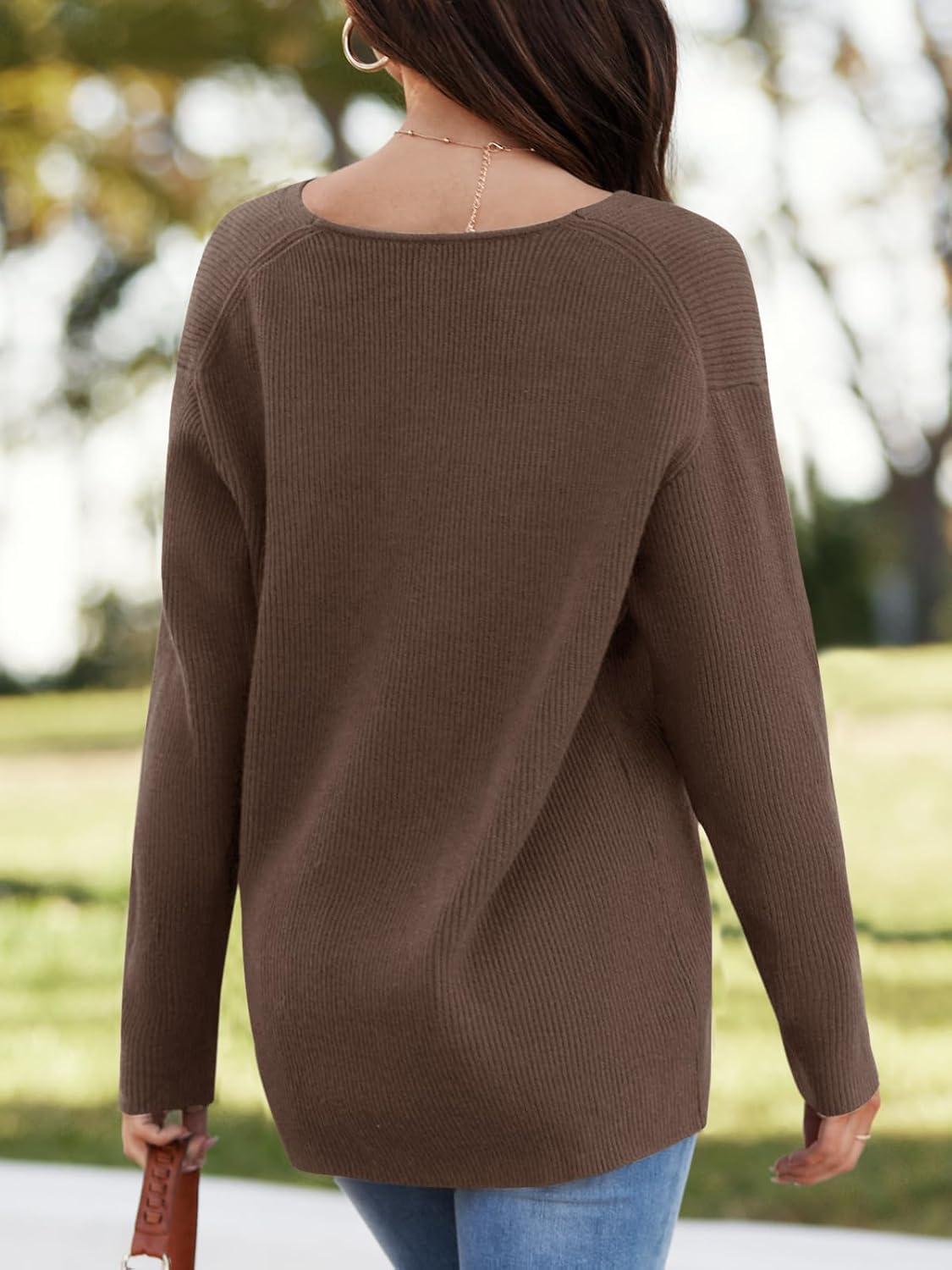 imageImily Bela Womens Oversized Deep V Neck Sweaters Sexy Long Sleeve Tunic Sweater Knitted Dressy Pullover JumperCoffee