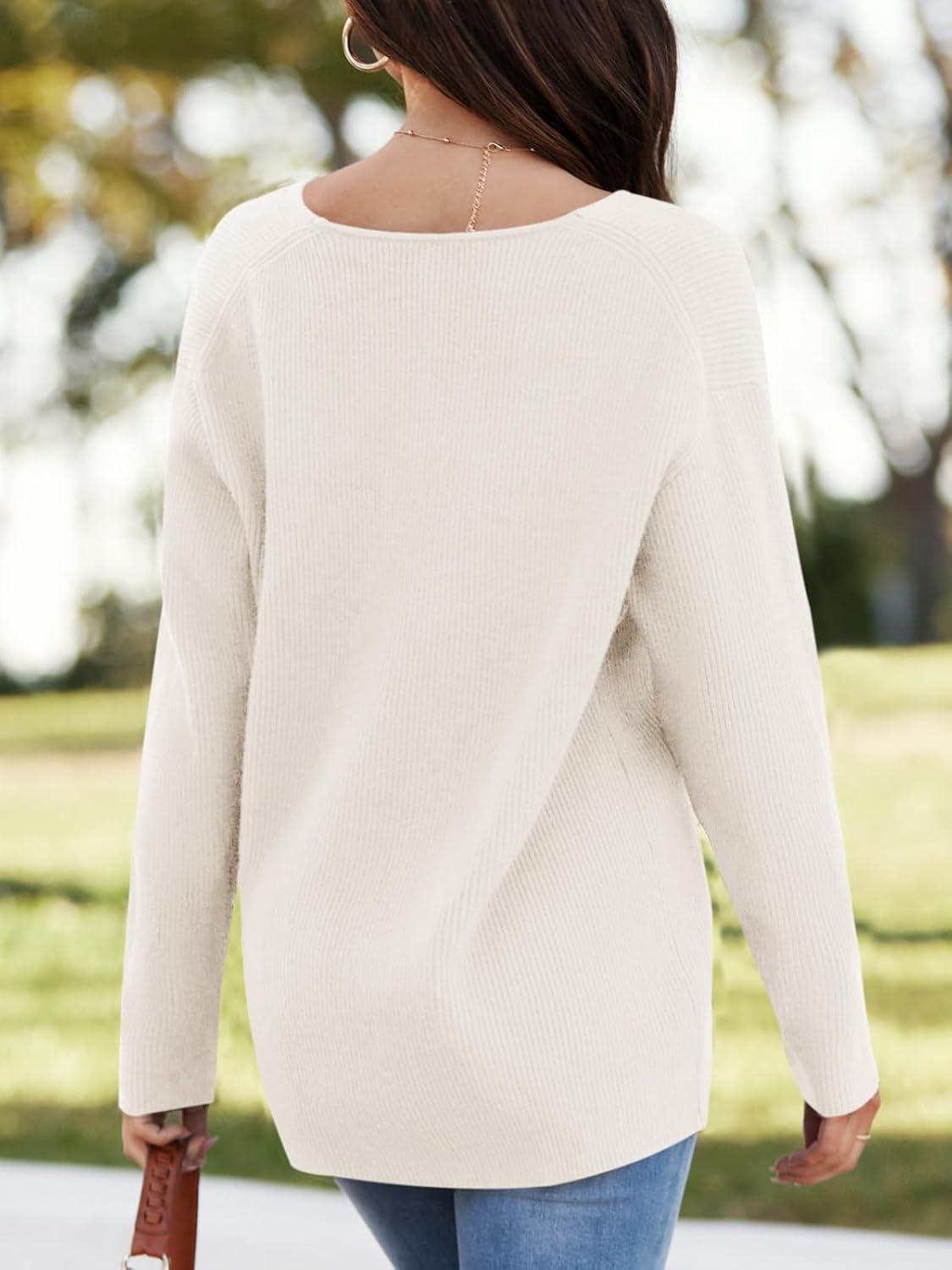 imageImily Bela Womens Oversized Deep V Neck Sweaters Sexy Long Sleeve Tunic Sweater Knitted Dressy Pullover JumperOffwhite