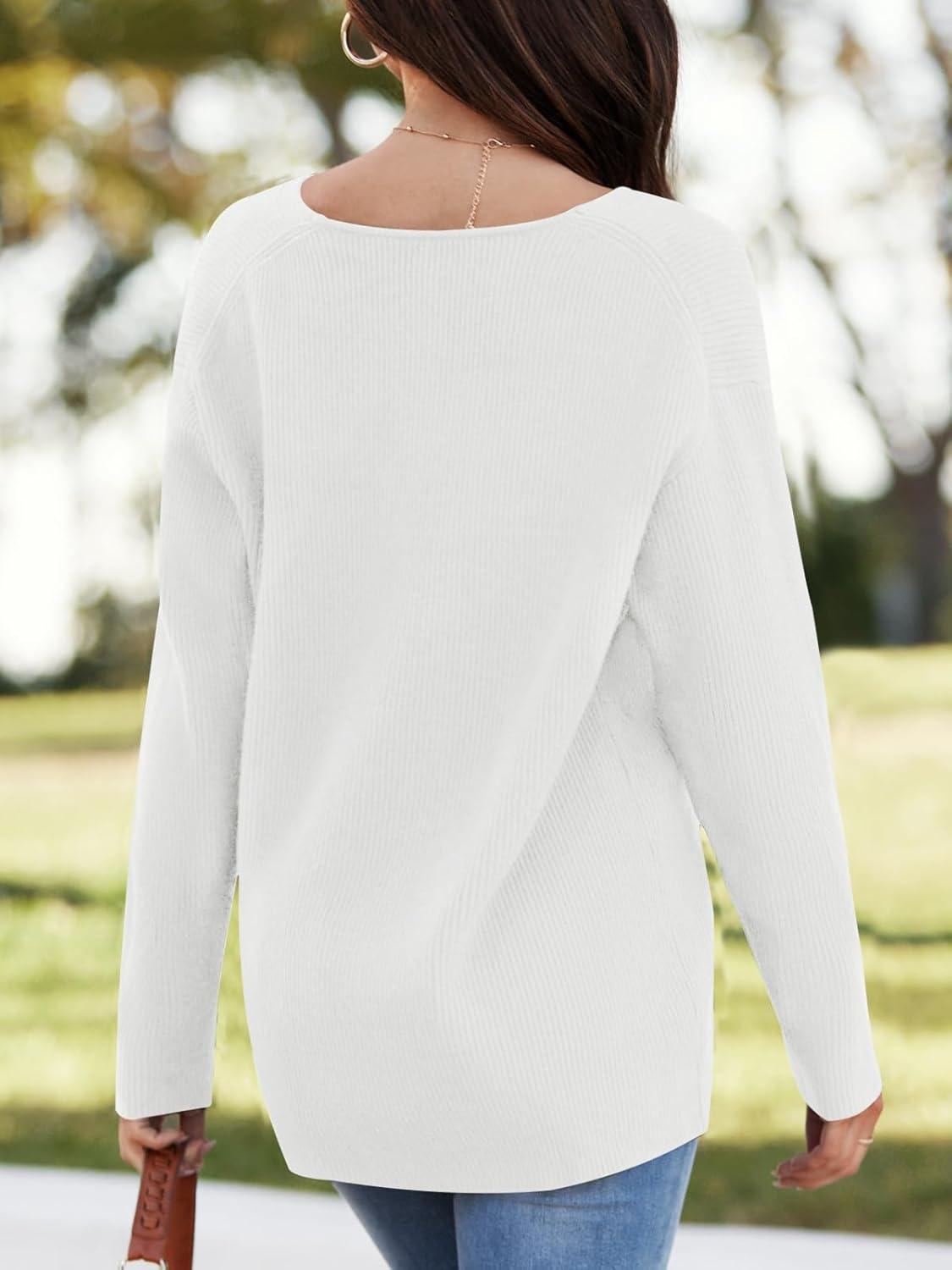 imageImily Bela Womens Oversized Deep V Neck Sweaters Sexy Long Sleeve Tunic Sweater Knitted Dressy Pullover JumperWhite