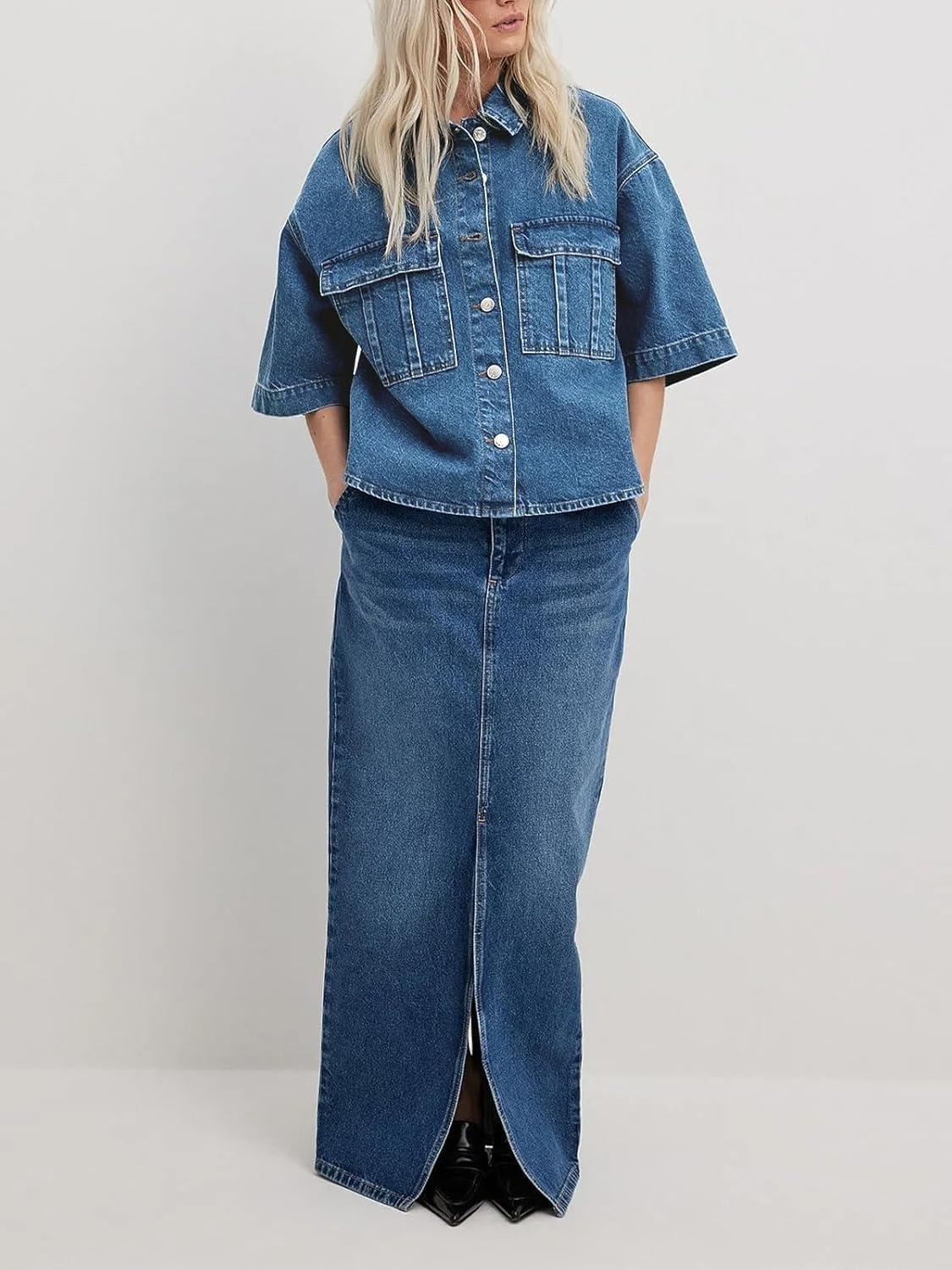 imageImily Bela Womens Oversized Short Sleeve Denim Jackets Trendy Cropped Jean Tops Shackets