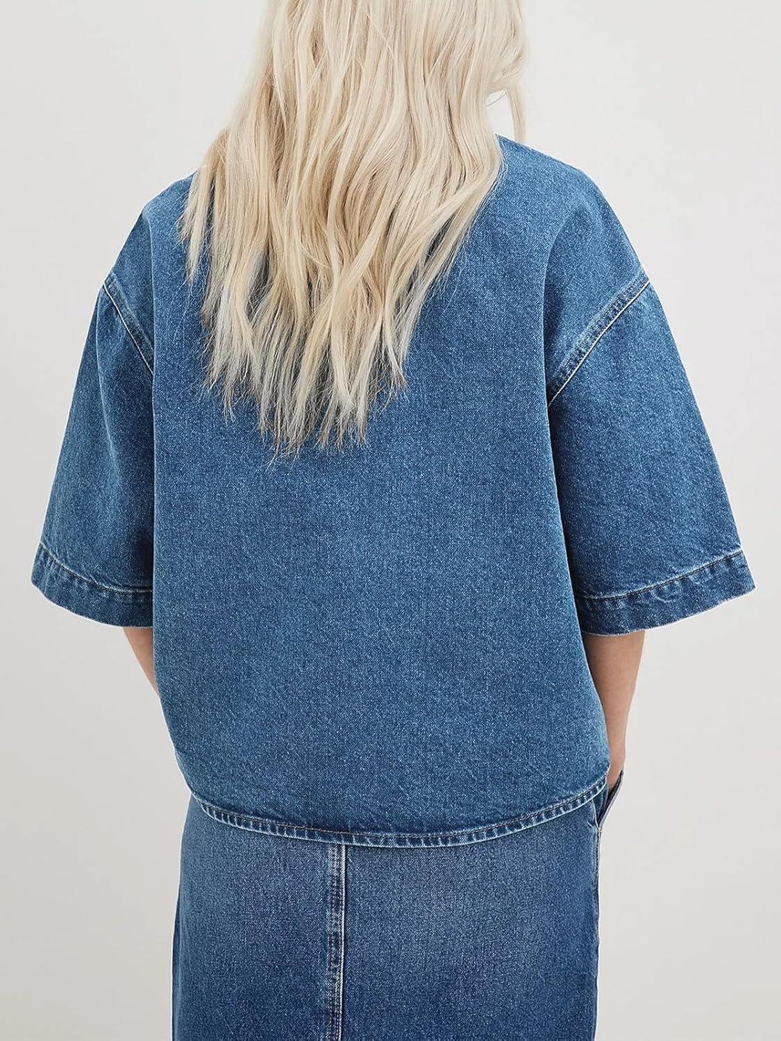 imageImily Bela Womens Oversized Short Sleeve Denim Jackets Trendy Cropped Jean Tops Shackets