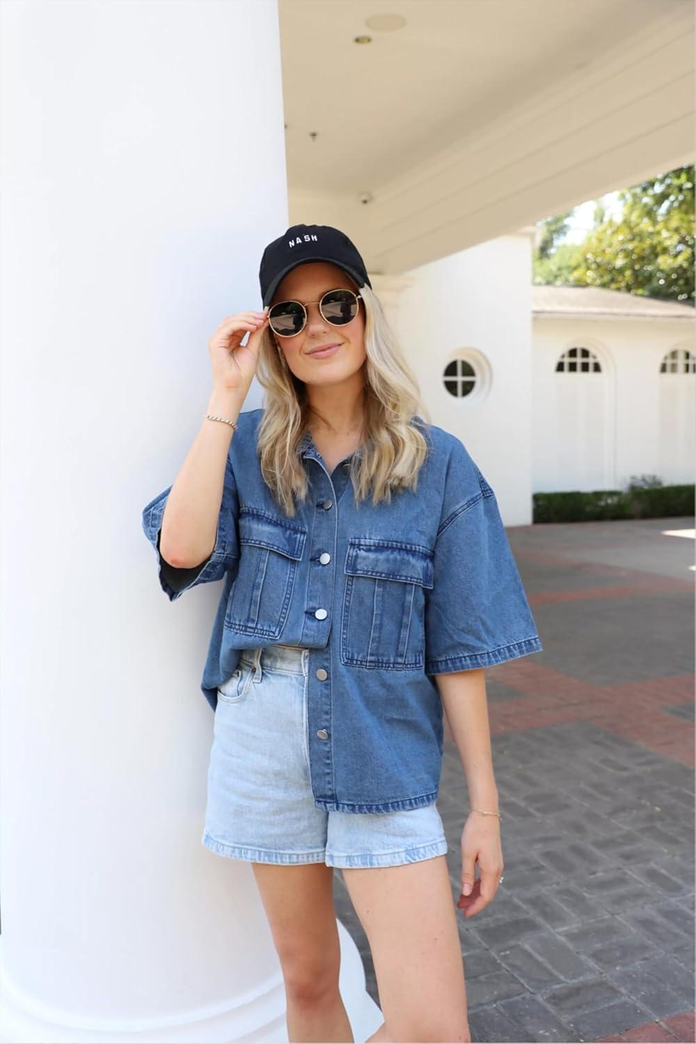 imageImily Bela Womens Oversized Short Sleeve Denim Jackets Trendy Cropped Jean Tops Shackets