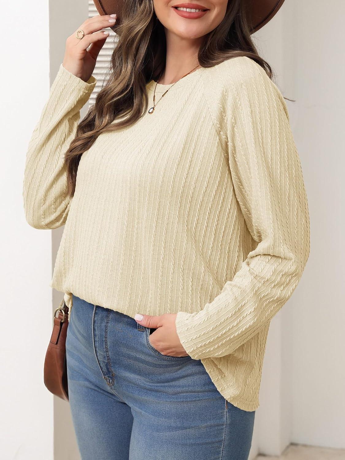 imageImily Bela Womens Plus Size Tops Casual Long Sleeve Textured Crewneck Shirts Fall Loose Tunic TopBeige