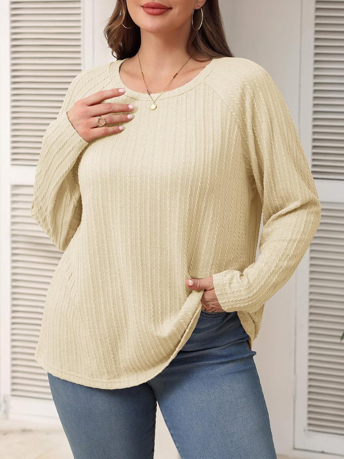 imageImily Bela Womens Plus Size Tops Casual Long Sleeve Textured Crewneck Shirts Fall Loose Tunic TopBeige