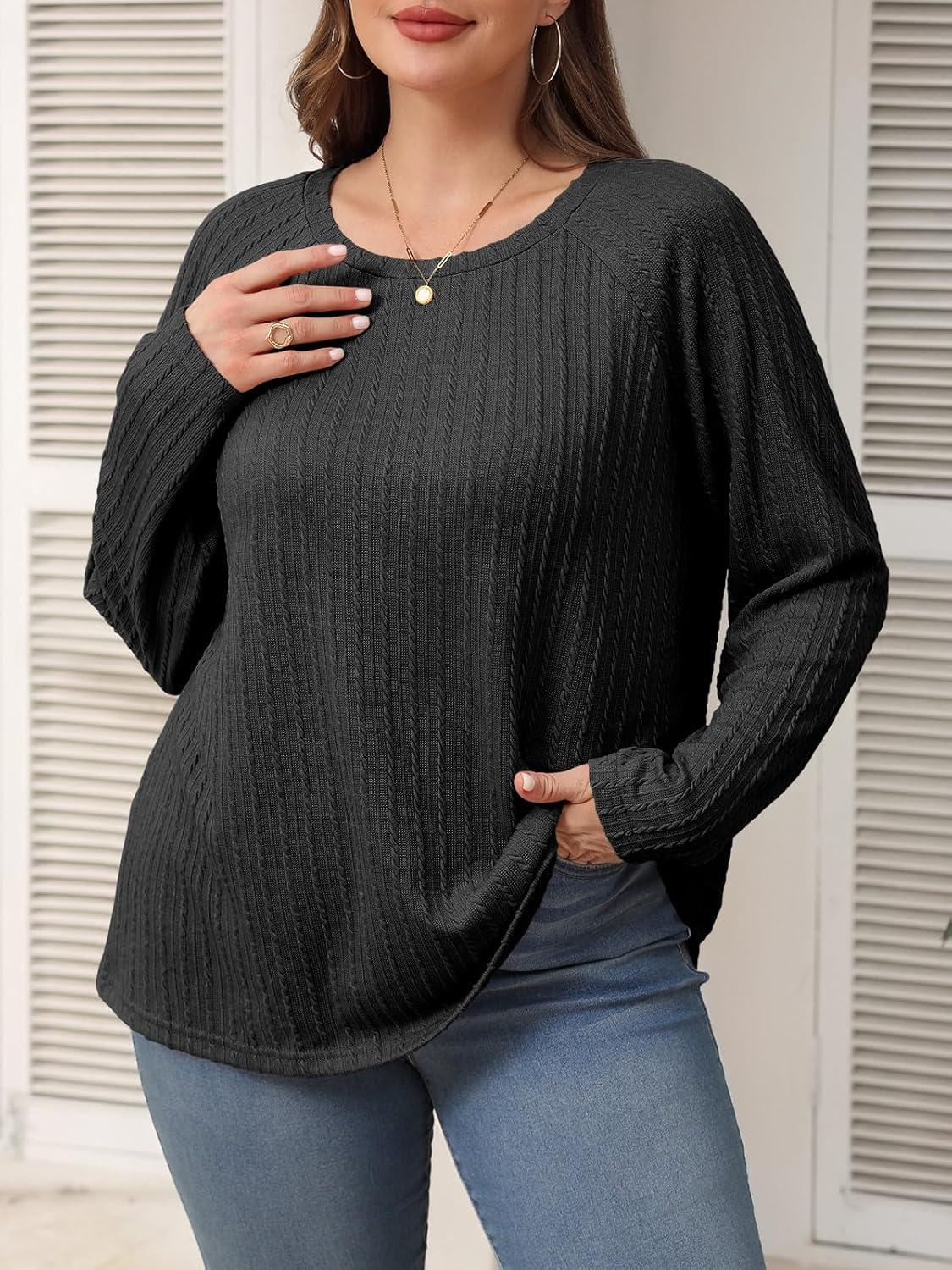 imageImily Bela Womens Plus Size Tops Casual Long Sleeve Textured Crewneck Shirts Fall Loose Tunic TopBlack