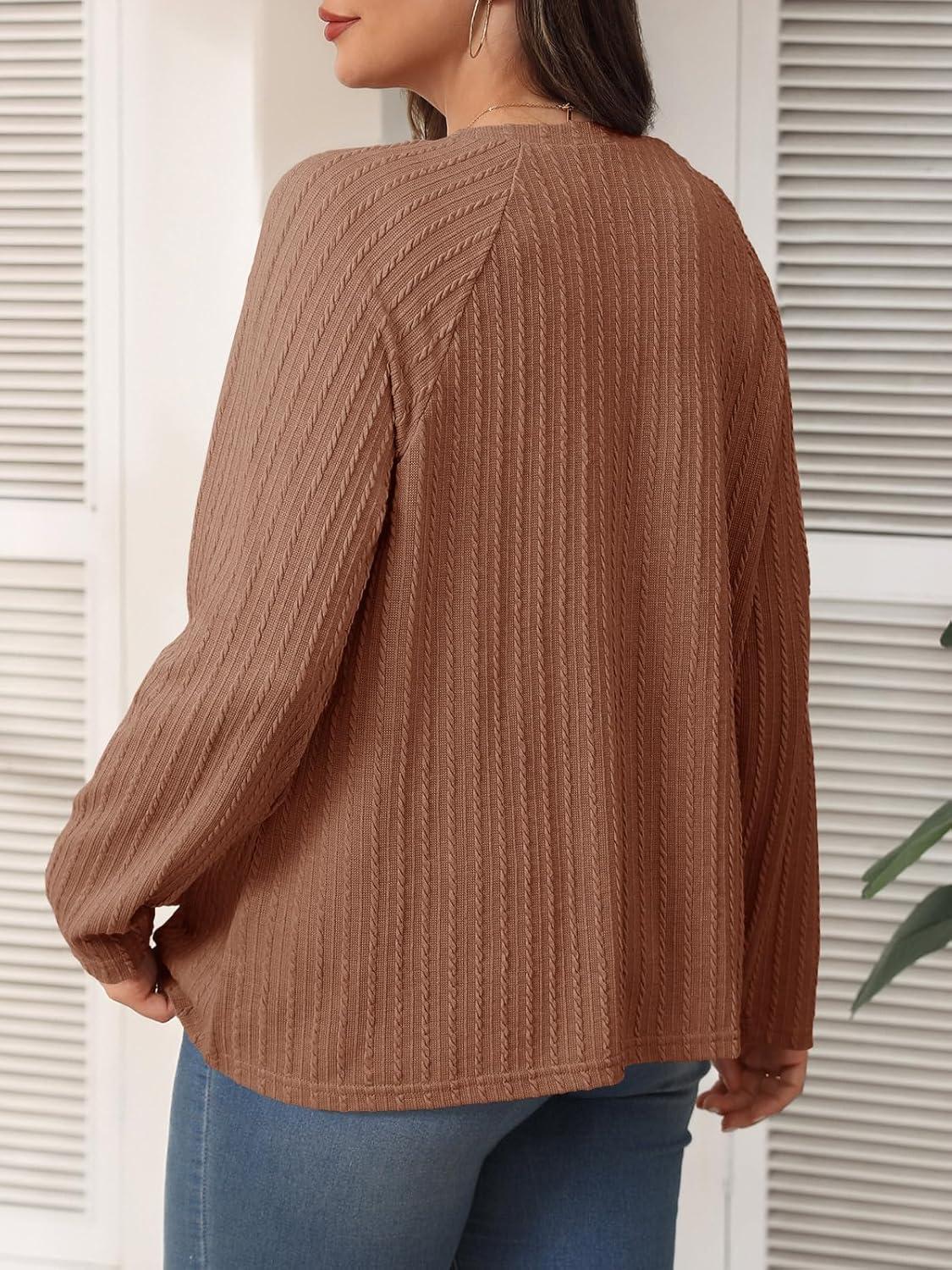 imageImily Bela Womens Plus Size Tops Casual Long Sleeve Textured Crewneck Shirts Fall Loose Tunic TopBrown