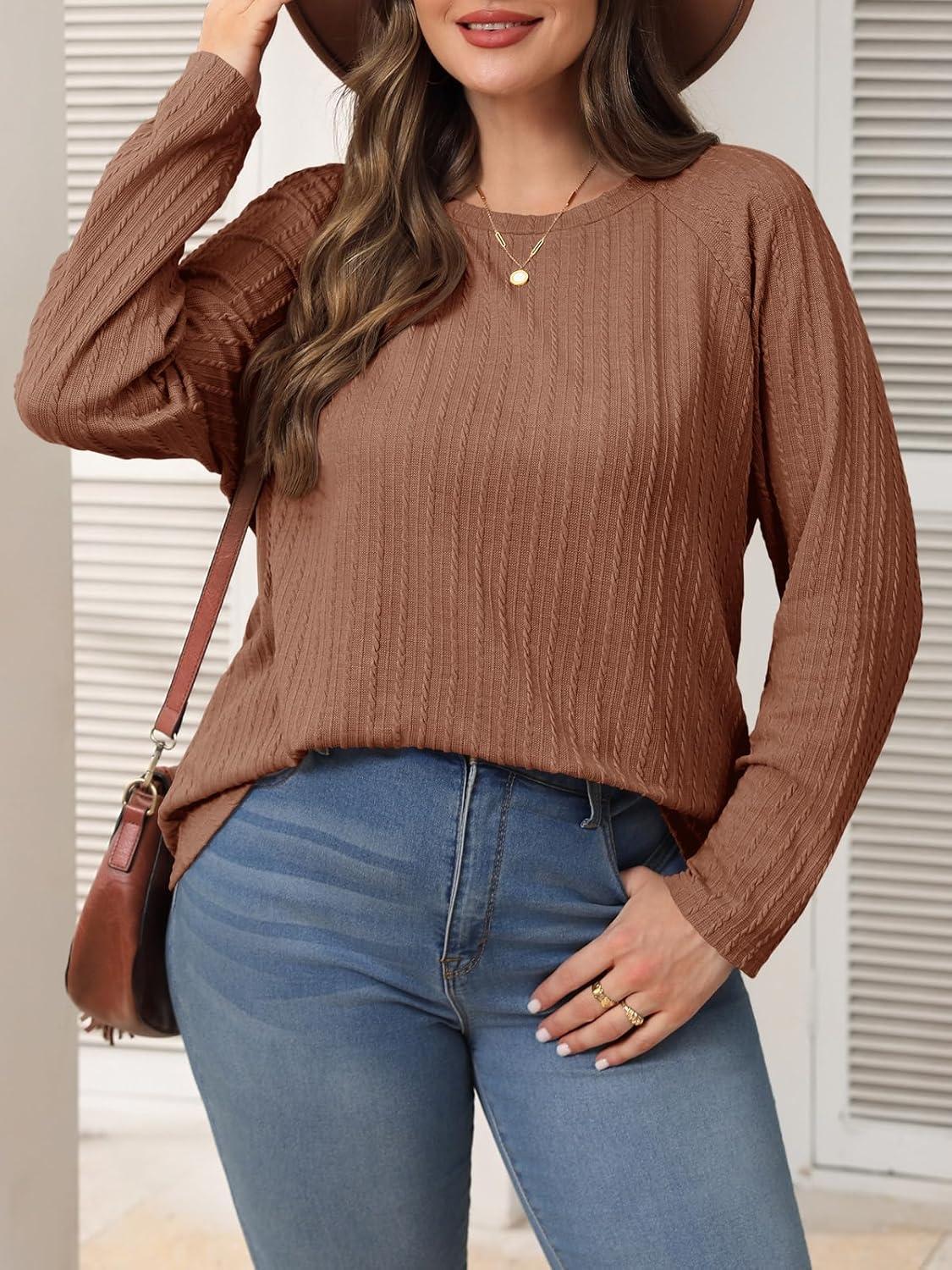 imageImily Bela Womens Plus Size Tops Casual Long Sleeve Textured Crewneck Shirts Fall Loose Tunic TopBrown
