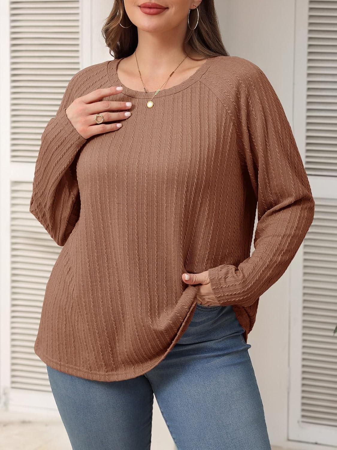 imageImily Bela Womens Plus Size Tops Casual Long Sleeve Textured Crewneck Shirts Fall Loose Tunic TopBrown