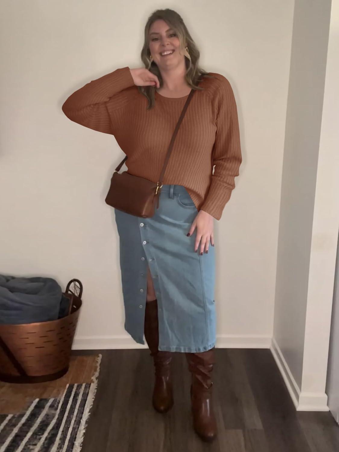 imageImily Bela Womens Plus Size Tops Casual Long Sleeve Textured Crewneck Shirts Fall Loose Tunic TopBrown