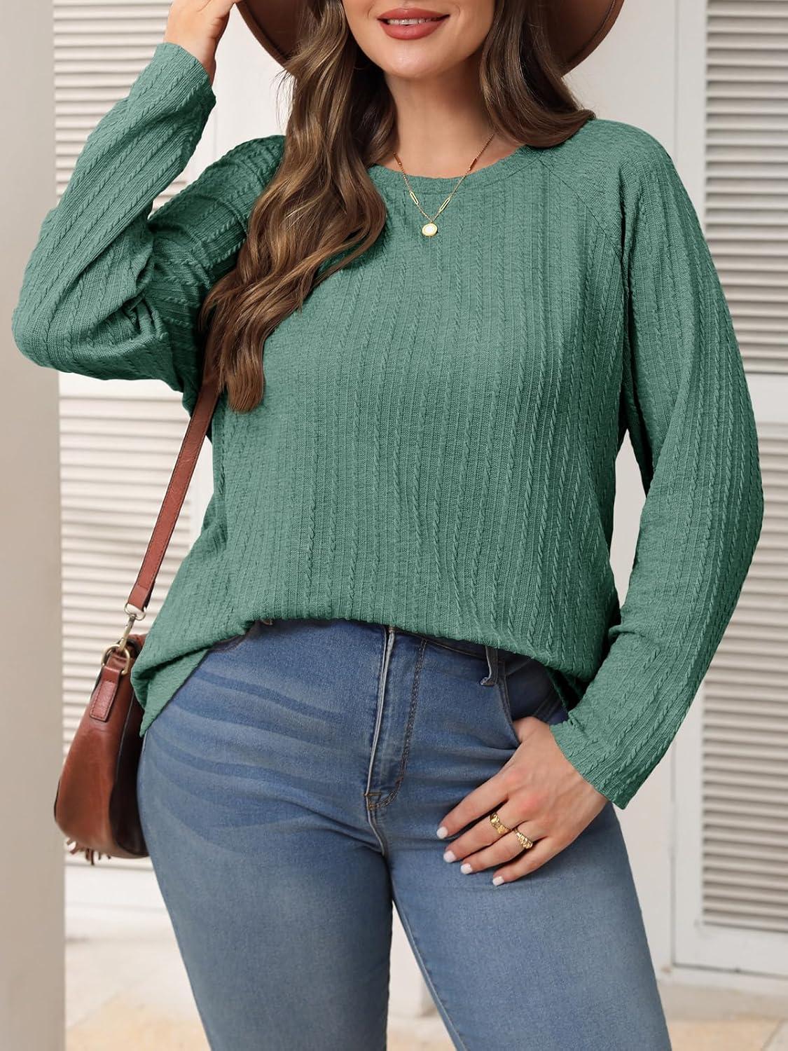 imageImily Bela Womens Plus Size Tops Casual Long Sleeve Textured Crewneck Shirts Fall Loose Tunic TopDark Green