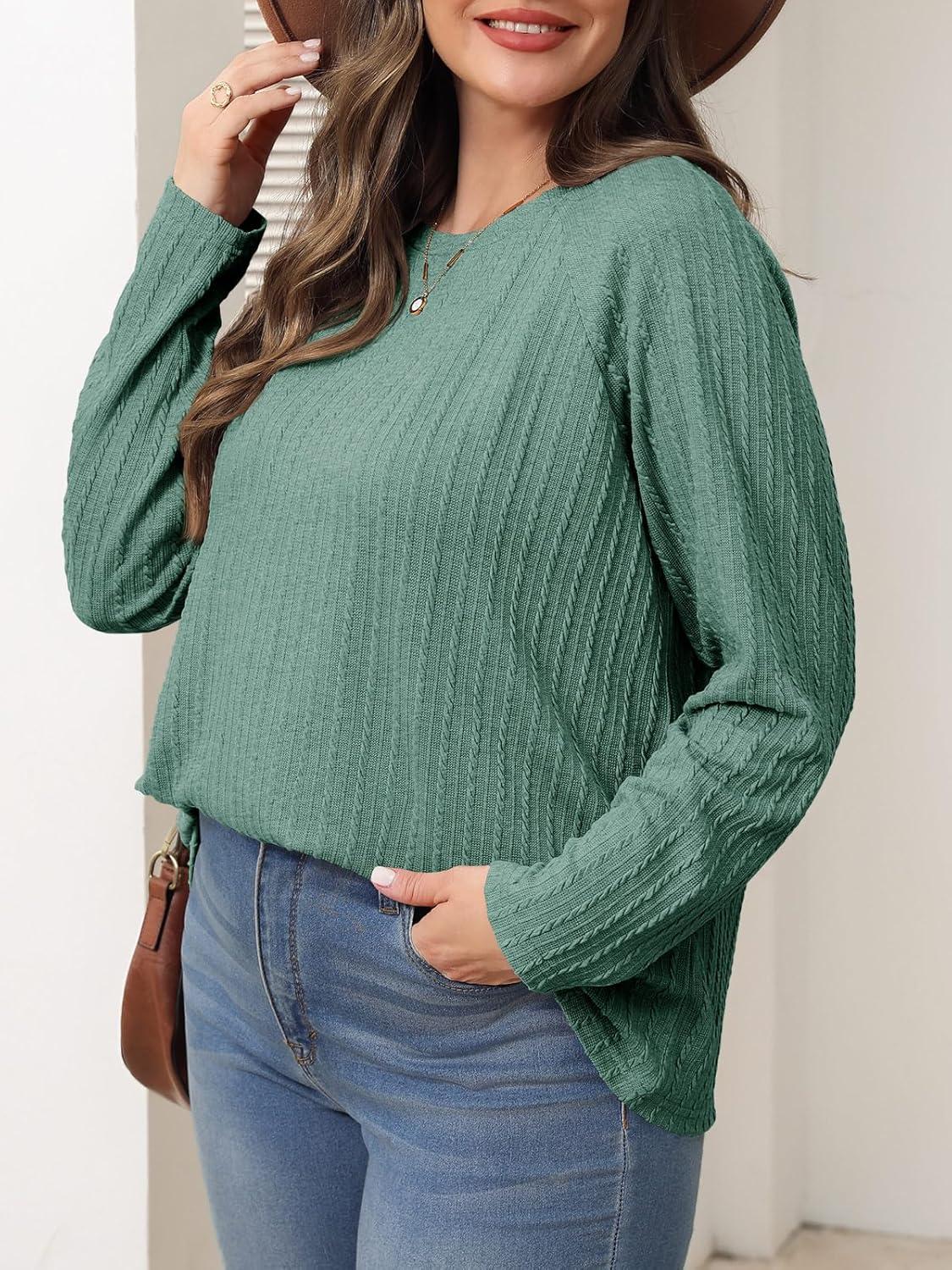imageImily Bela Womens Plus Size Tops Casual Long Sleeve Textured Crewneck Shirts Fall Loose Tunic TopDark Green